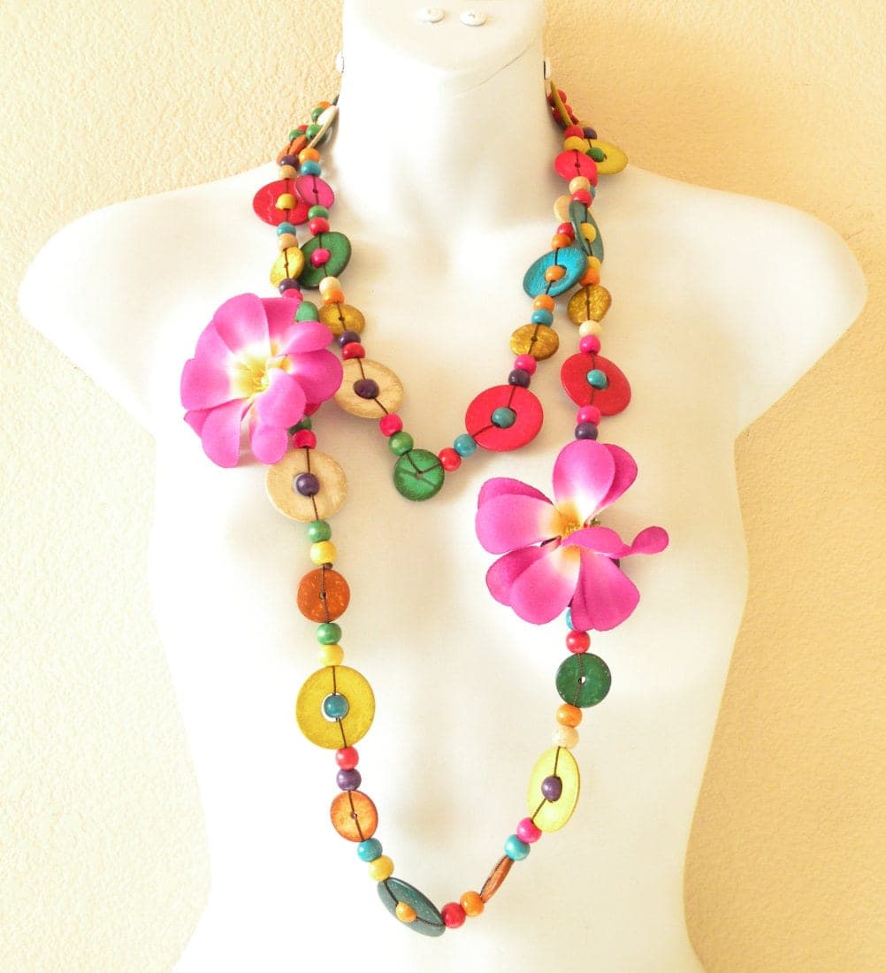 Clearance Women Hawaiian Luau Party Colorful Ethnic Wooden Crafted Chains One Loop Long Flowers Lei Necklace