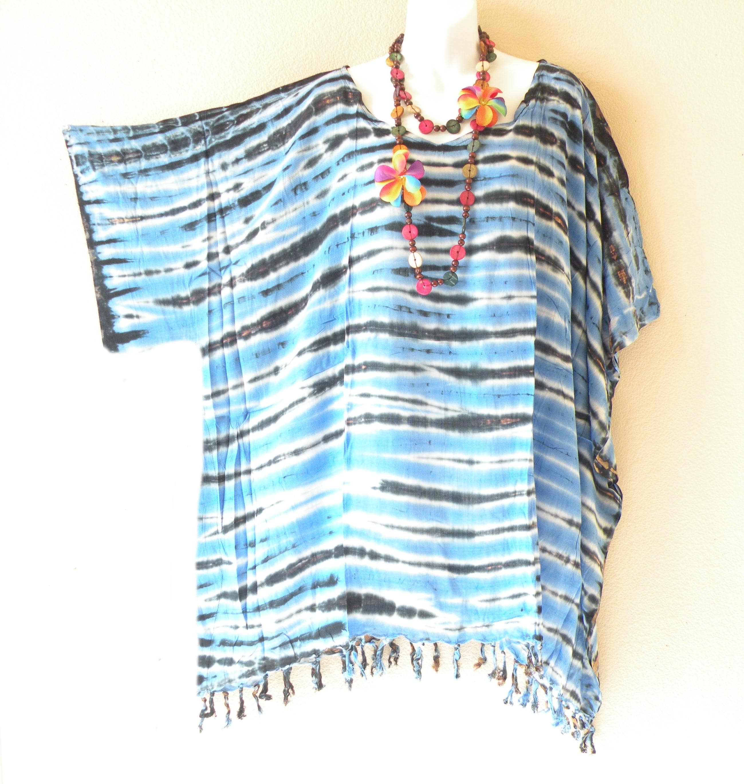 KB481 Blue Tie Dye Stripes Batik Plus Size Kaftan Caftan Kimono Beachwear Tunic Poncho Blouse Top - S, M, L, XL, 1X, 2X, 3X, 4X & 5X