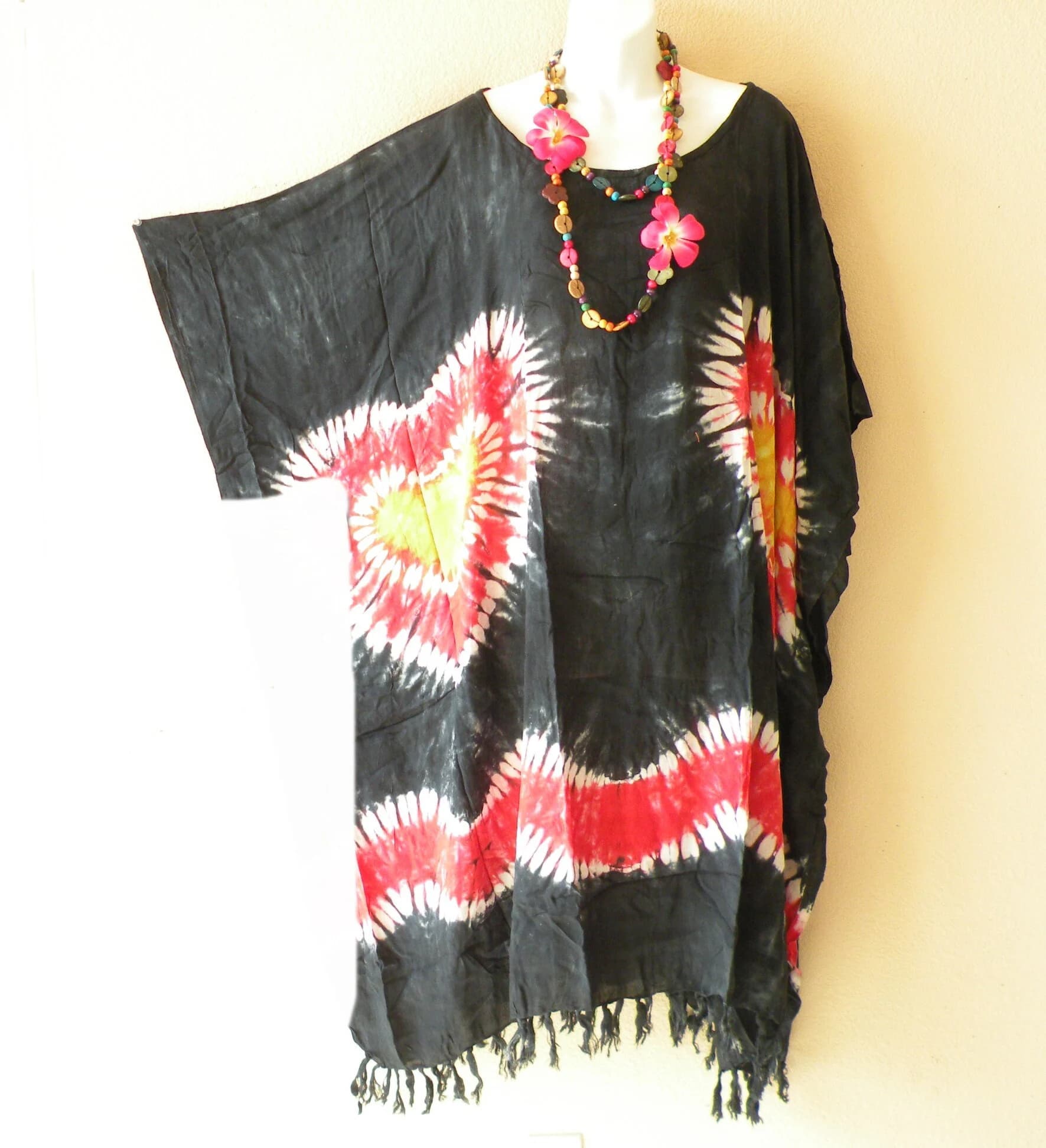 LG2 Midi 42" Length Tie Dye Hand Dye Batik Dolman Batwing Caftan Kimono Tunic Hippy Dress / Long Top - S, M, L, XL, 1X, 2X, 3X, 4X, 5X