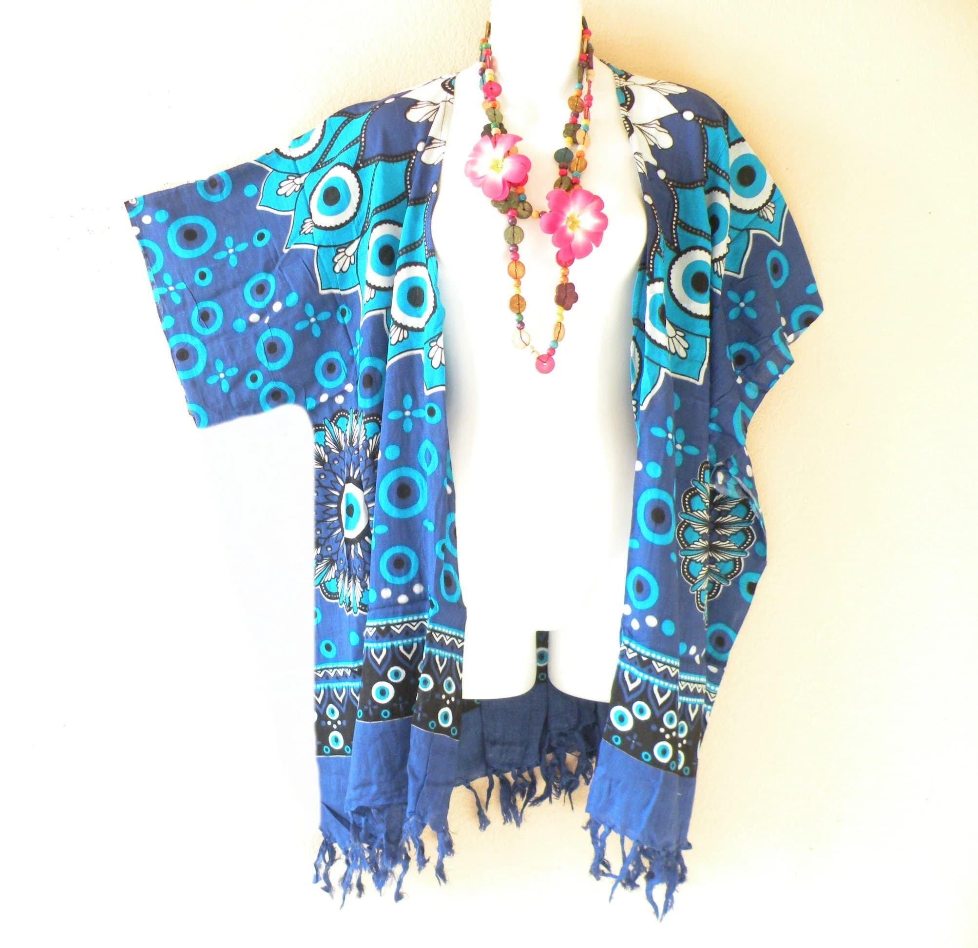 CG27  Blue Paisley Batik Plus Size Kaftan Kimono Cardigan Duster Jacket Beachwear Cover up - S, M, L, XL, 1X, 2X, 3X, 4X & 5X