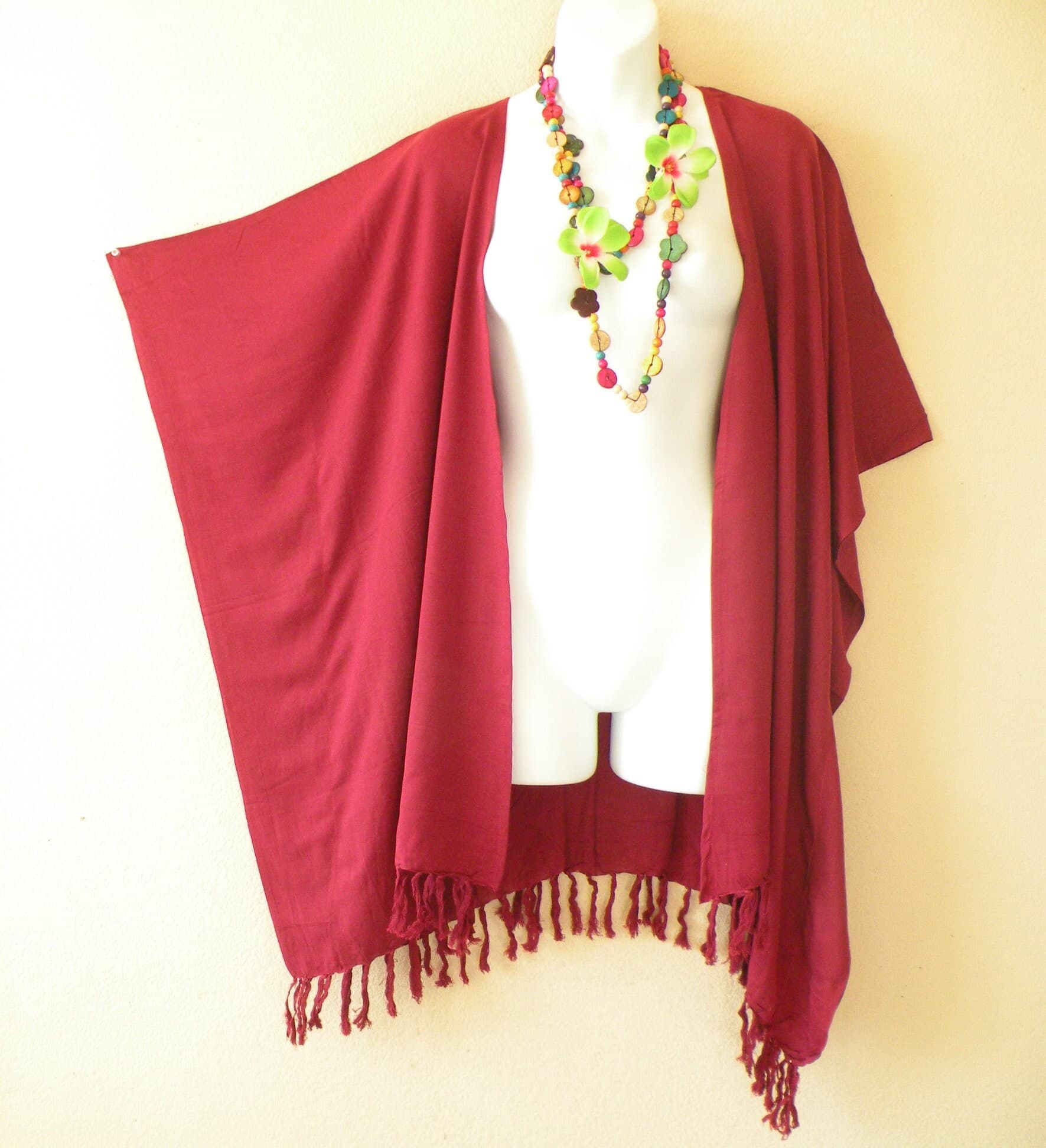 CB1297 Solid Maroon Batik Plain Plus Size Kaftan Kimono Cardigan Duster Jacket Beachwear Cover up - S, M, L, XL, 1X, 2X, 3X, 4X & 5X