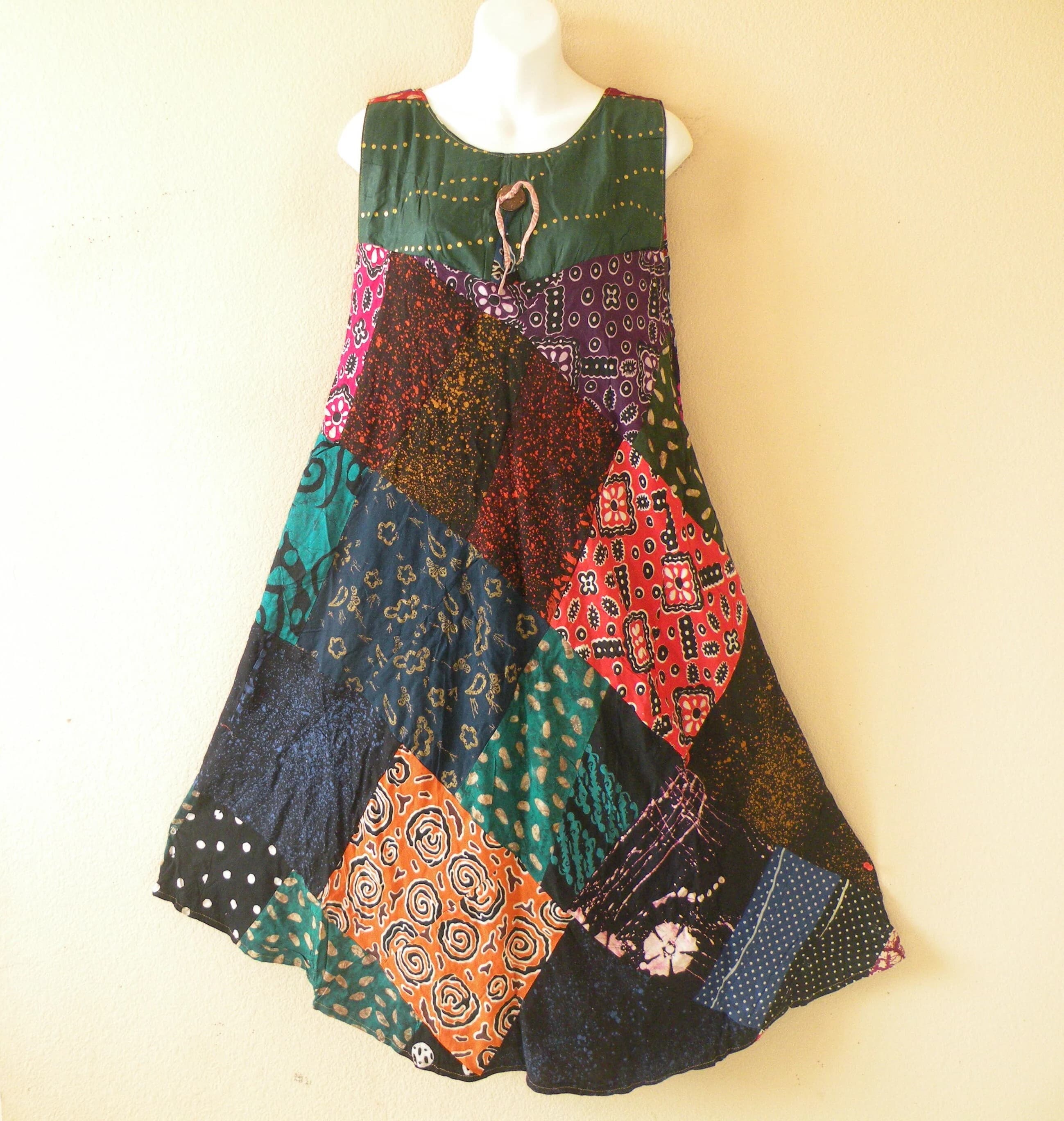 PD6 Batik Patchwork Bohemian Ethnic Traditional Women Beachwear Sleeveless Round Neck Hippie Knee Length Asymmetrical Umbrella Midi Dress