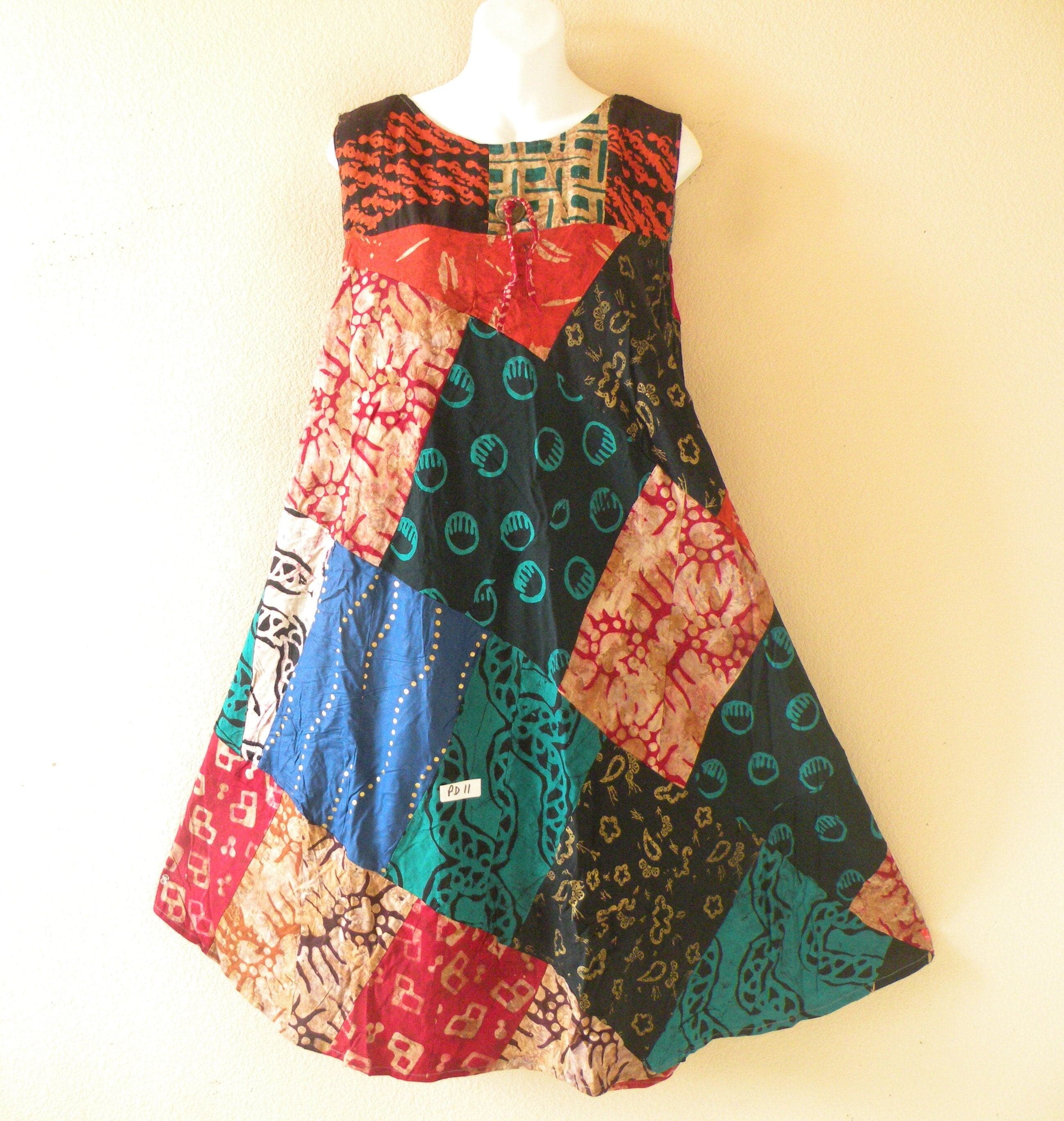 PD11 Batik Patchwork Boho Ethnic Traditional Women Beachwear Sleeveless Round Neck Boho Hippie Knee Length Asymmetrical Umbrella Midi Dress