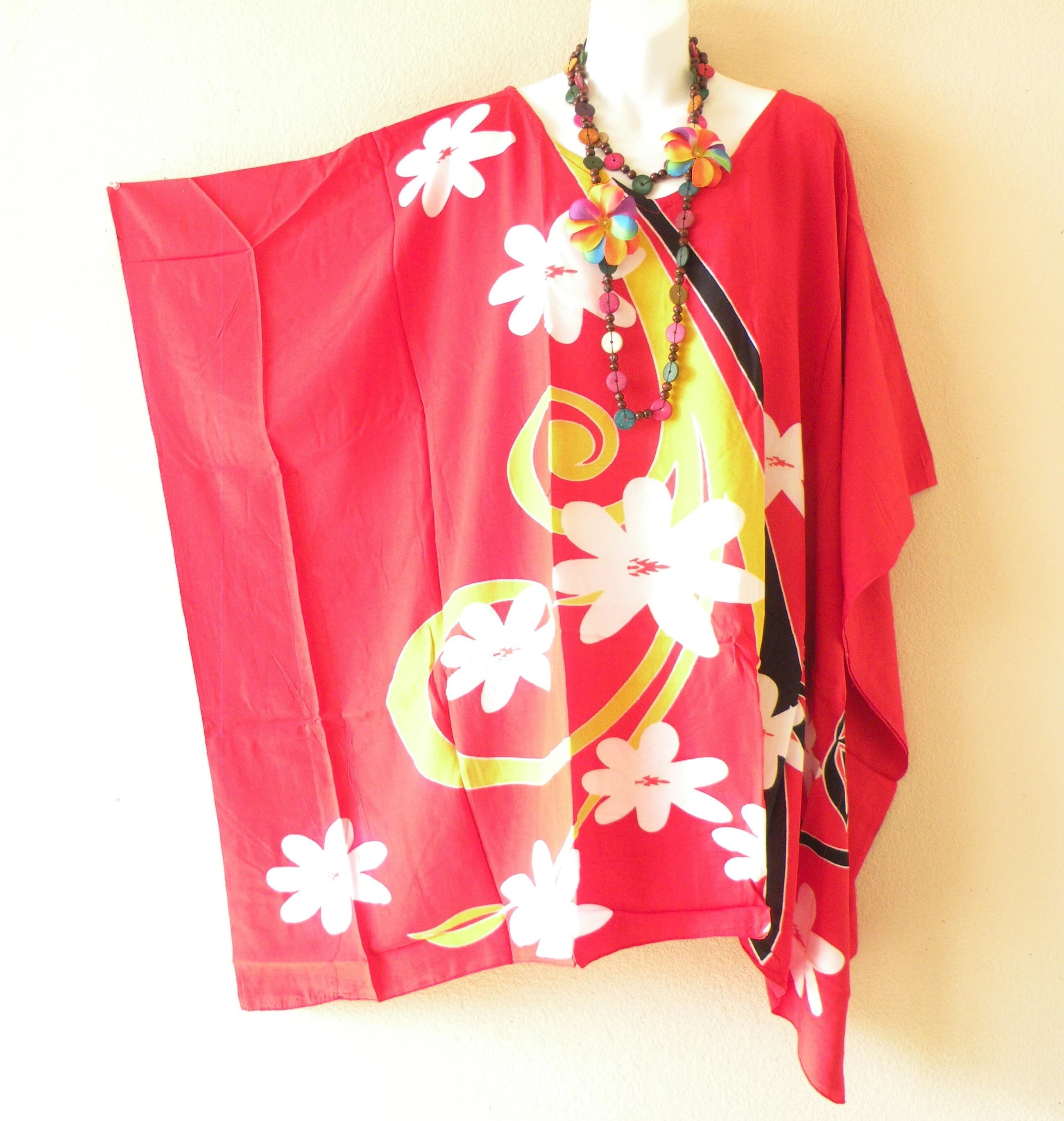 KB335 Red Floral Batik Hand Painted Women Plus Kaftan Caftan Women Batwing Tunic Poncho Blouse Top - S, M, L, XL, 1X, 2X, 3X, 4X, 5X, 6X, 7X