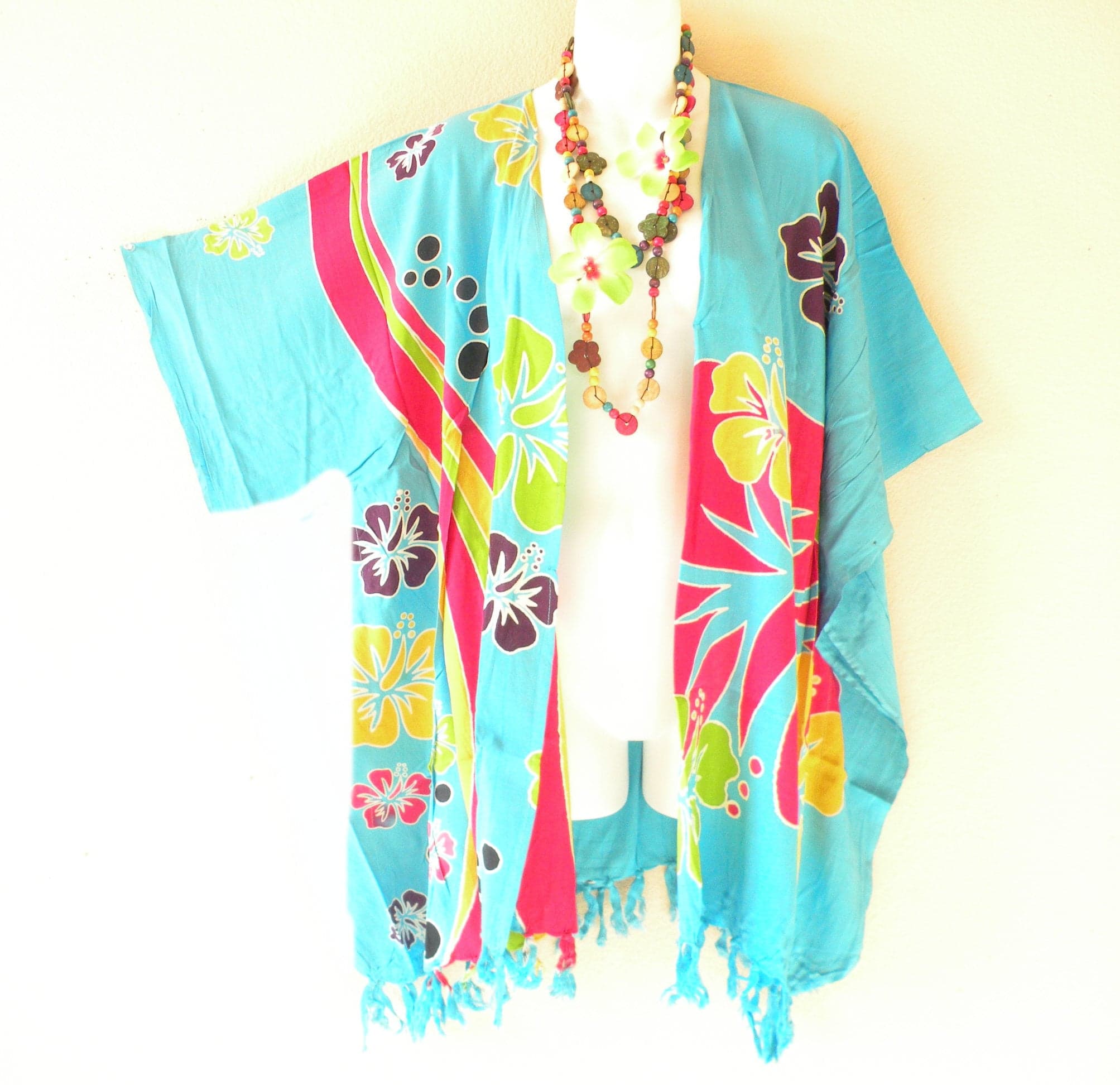 CB619 Hibiscus Batik Aqua Plus Size Kaftan Open Cardigan Duster Jacket Beachwear Cover up - S, M, L, XL, 1X, 2X, 3X, 4X & 5X