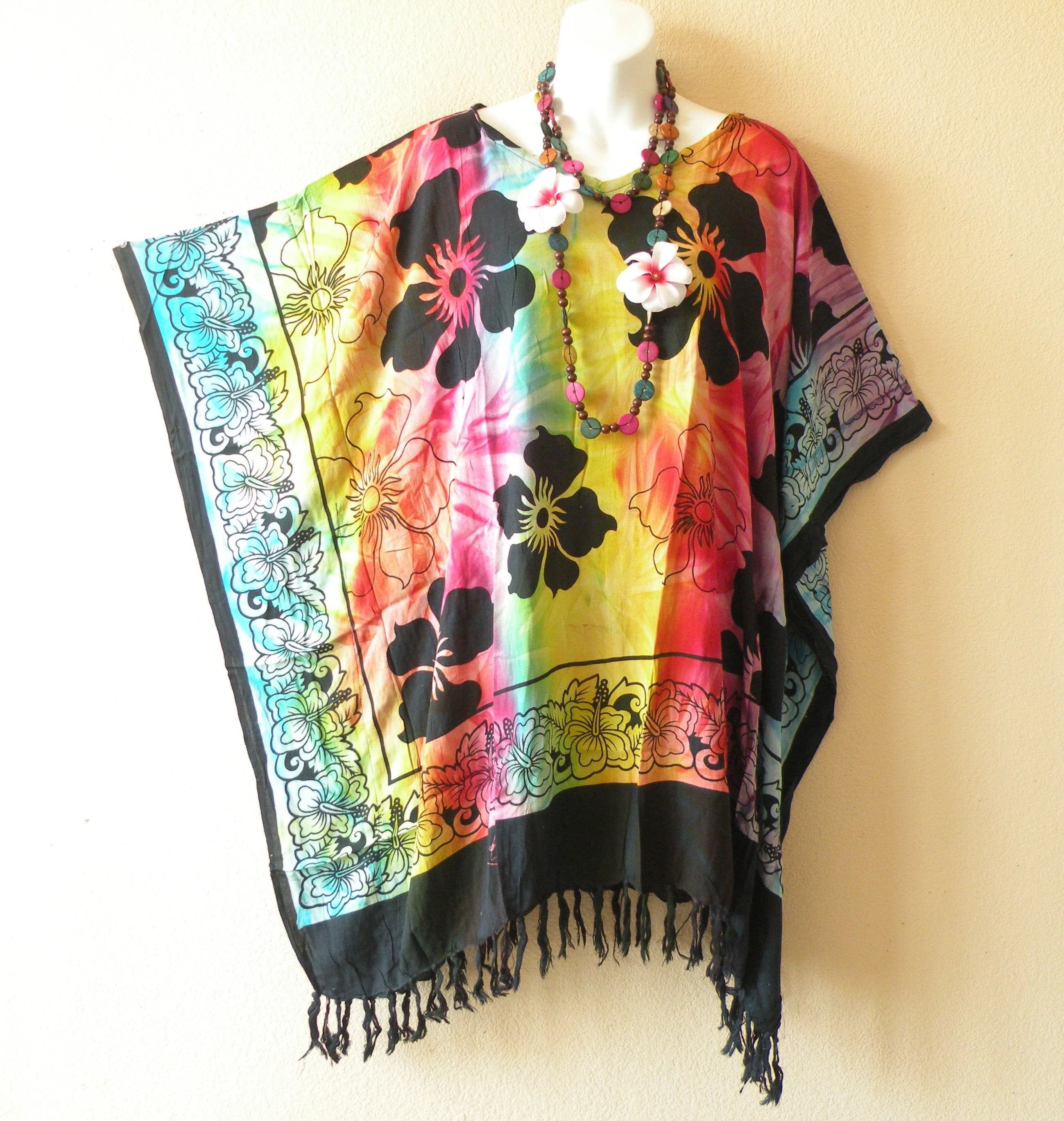 KB275 Tie Dye Hibiscus Floral Batik Plus Size Kimono Kaftan Caftan Women Batwing Tunic Poncho Blouse Top - S, M, L, XL, 1X, 2X, 3X, 4X & 5X