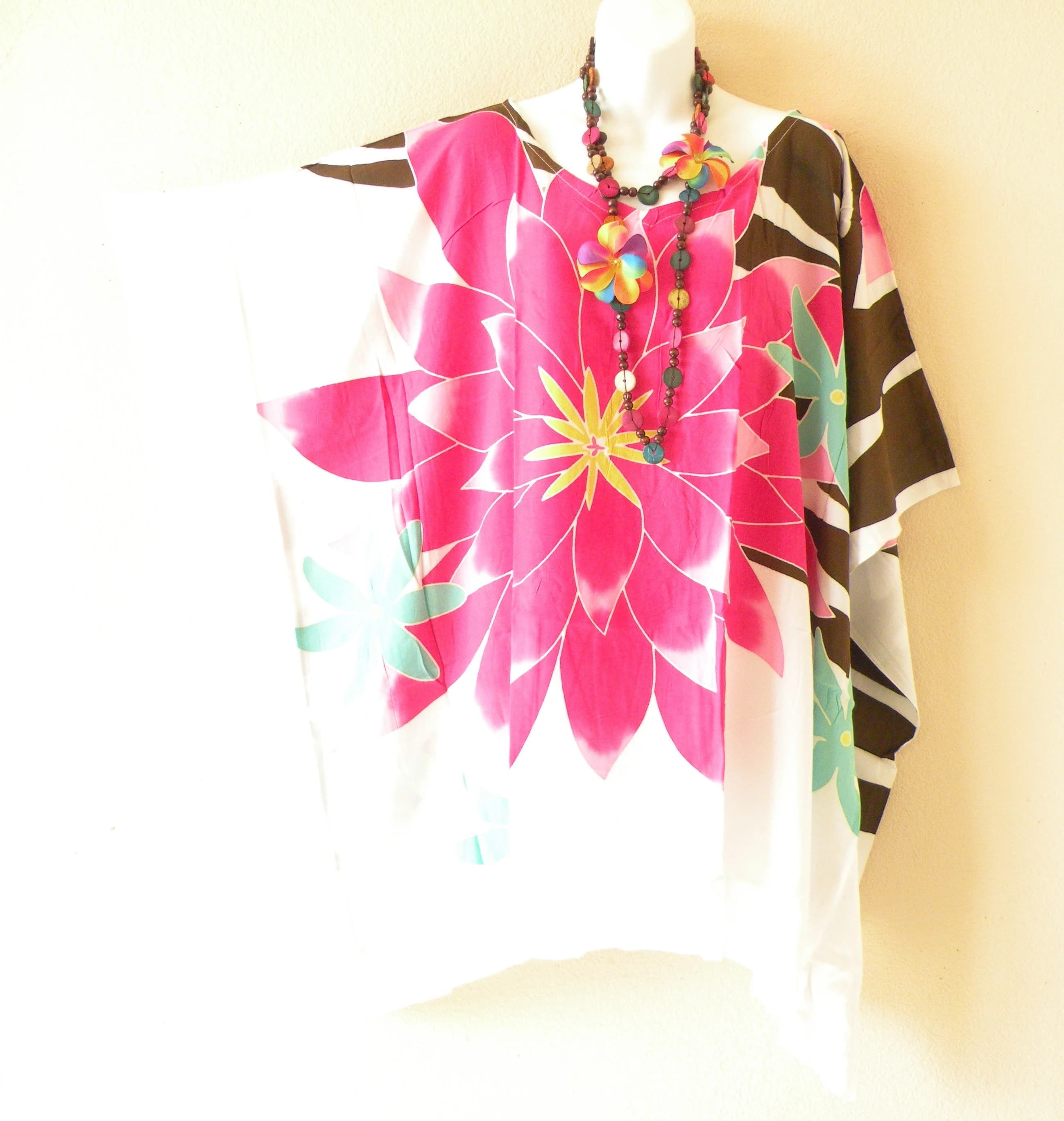 3 Colors Floral Batik Hand Painted Plus Size Kaftan Caftan Women Beachwear Batwing Tunic Poncho Blouse Top - S up to 7X