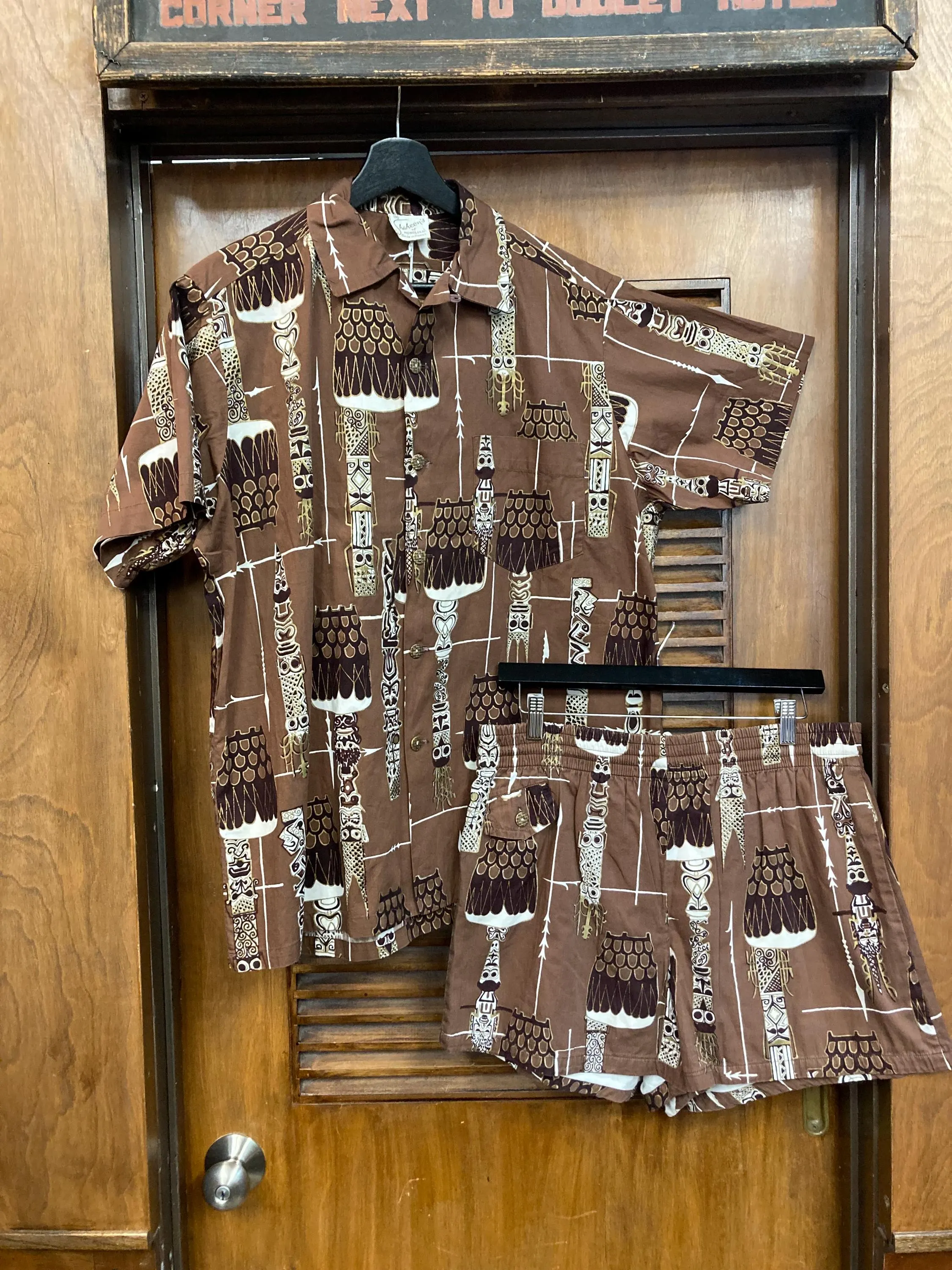 Vintage 1950’s Dated 1957 “Shaheen’s” Atomic Tiki Cotton Cabana Hawaiian Set Outfit, Shirt, Swim Trunks, Cabana Set, Tiki, Hawaiian, 1950s - image 3