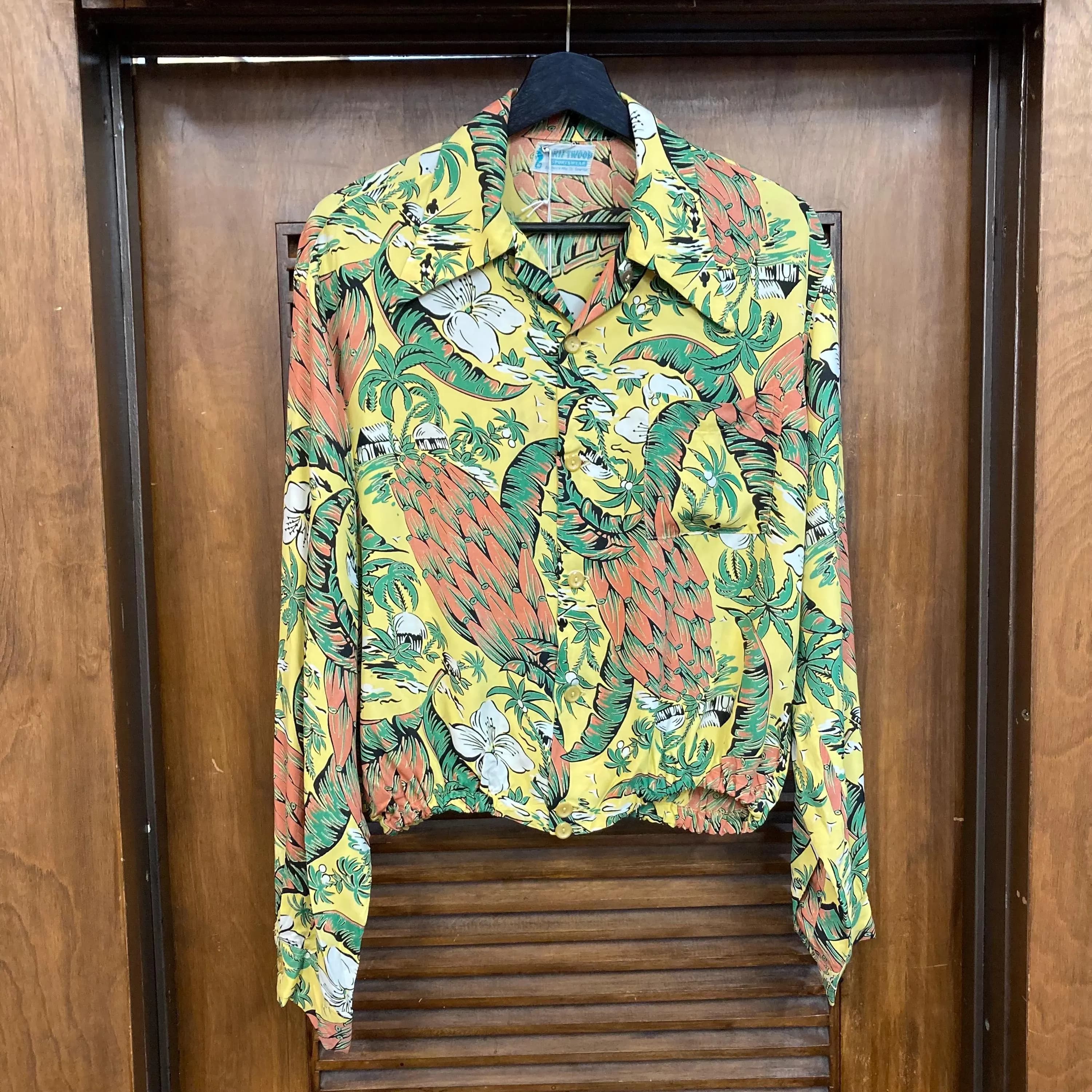 Vintage 1940’s “Driftwood” Banana Atomic Long Sleeve Silky Rayon Tiki Hawaiian Shirt, Shirt-Jac Style, Elastic Waist, 40’s Vintage Clothing - image 4