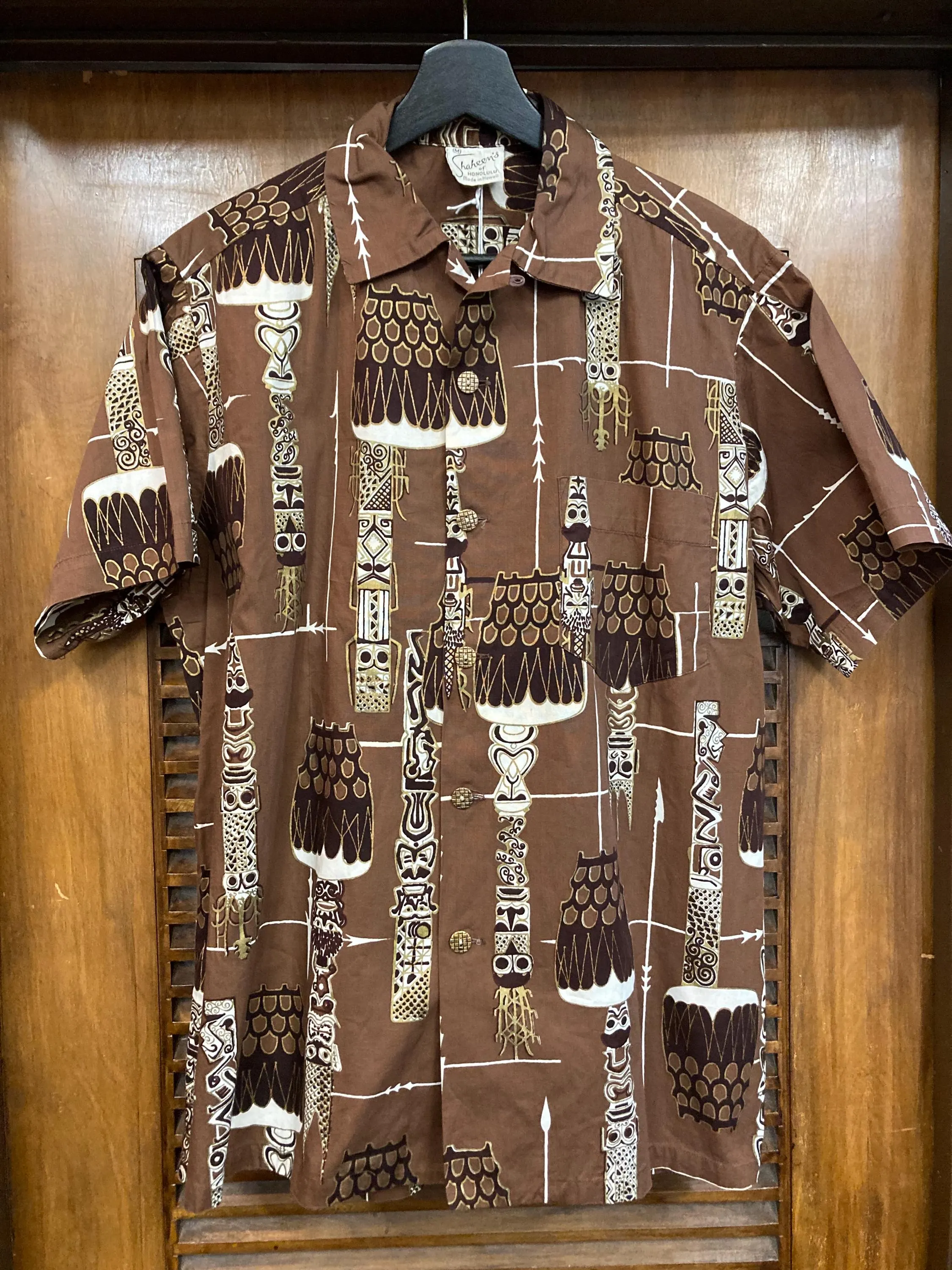 Vintage 1950’s Dated 1957 “Shaheen’s” Atomic Tiki Cotton Cabana Hawaiian Set Outfit, Shirt, Swim Trunks, Cabana Set, Tiki, Hawaiian, 1950s - image 5