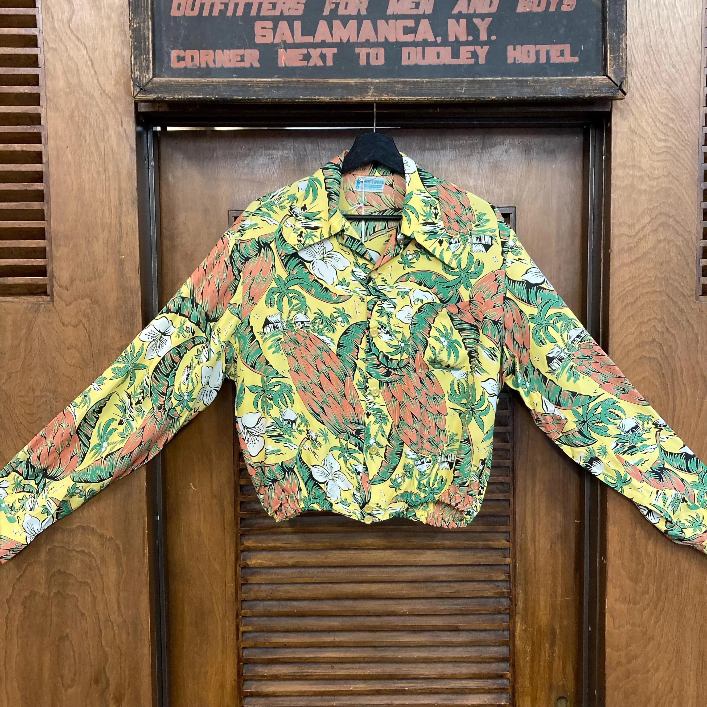 Vintage 1940’s “Driftwood” Banana Atomic Long Sleeve Silky Rayon Tiki Hawaiian Shirt, Shirt-Jac Style, Elastic Waist, 40’s Vintage Clothing - image 3