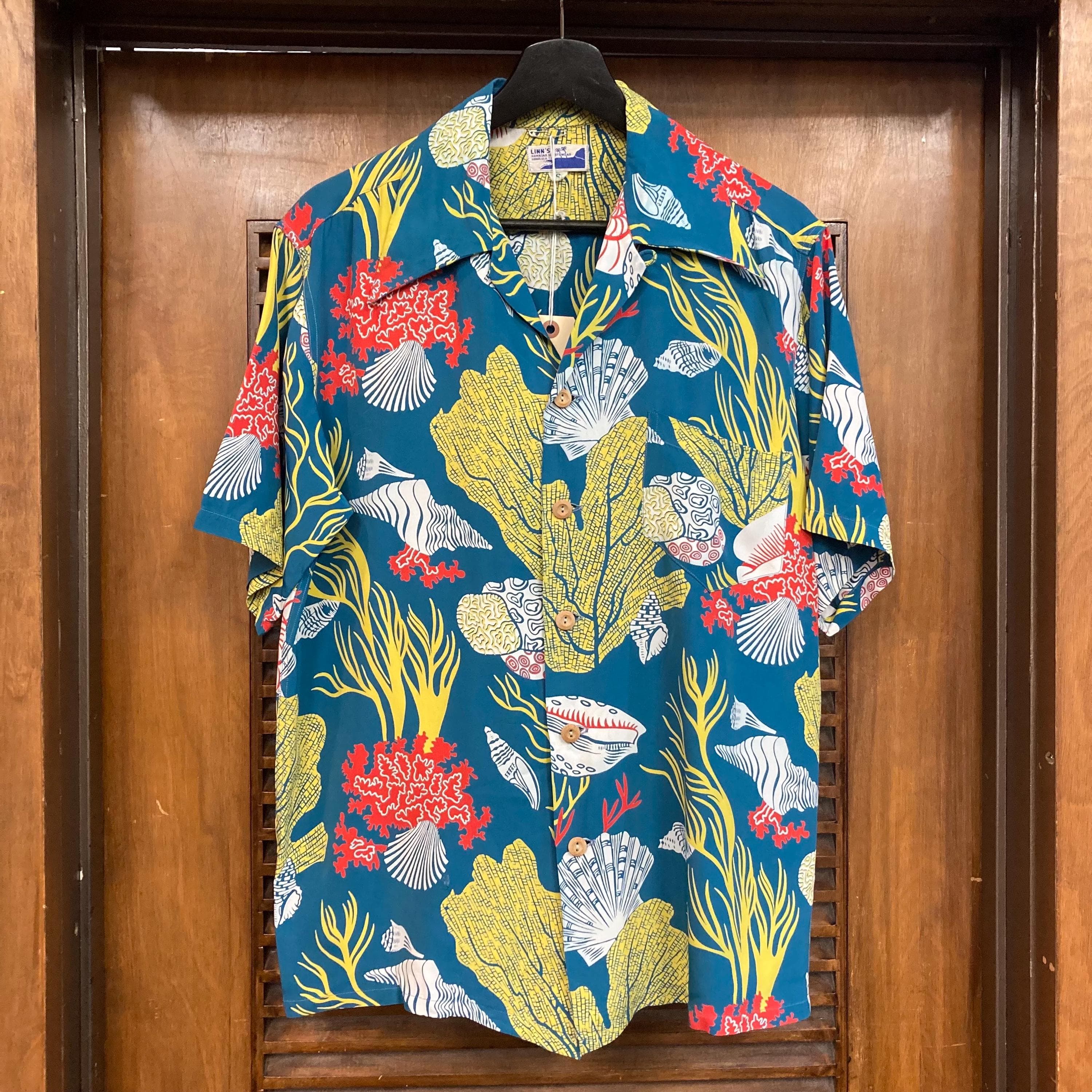Vintage 1940’s “Kamehameha” Atomic Underwater Seashell Silky Rayon Tiki Hawaiian Shirt, Signed Selvedge, Vintage Hawaiian Shirt - image 4