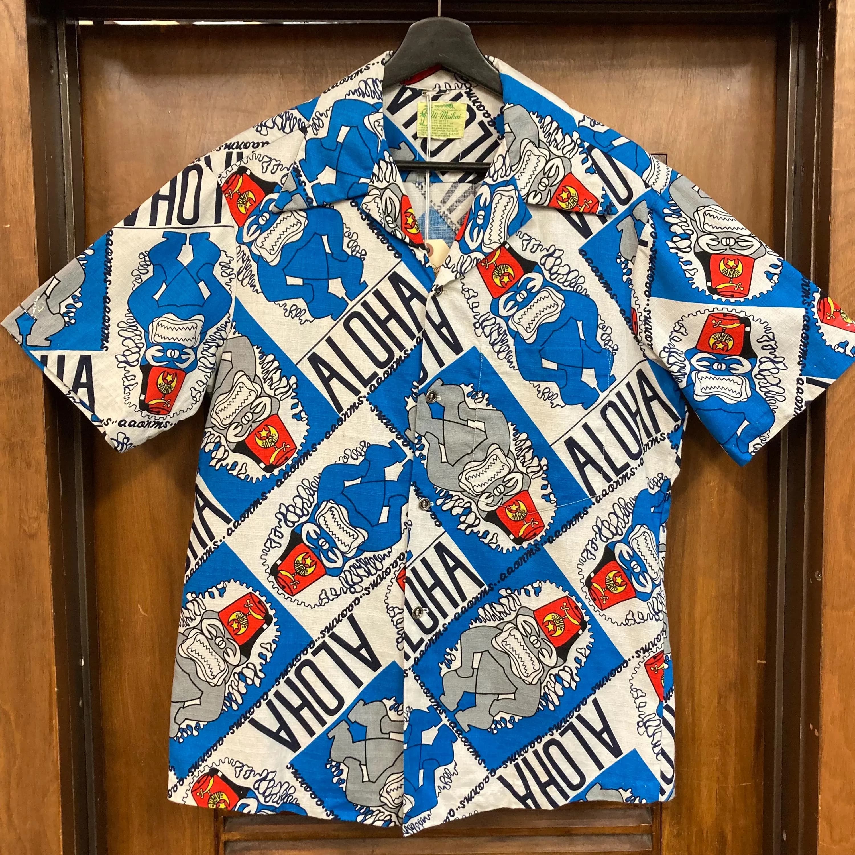 Vintage 1960’s Shriner Tiki Pop Art Cartoon Barkcloth Cotton Hawaiian Shirt, Matching Pocket, 60’s Vintage Clothing - image 3