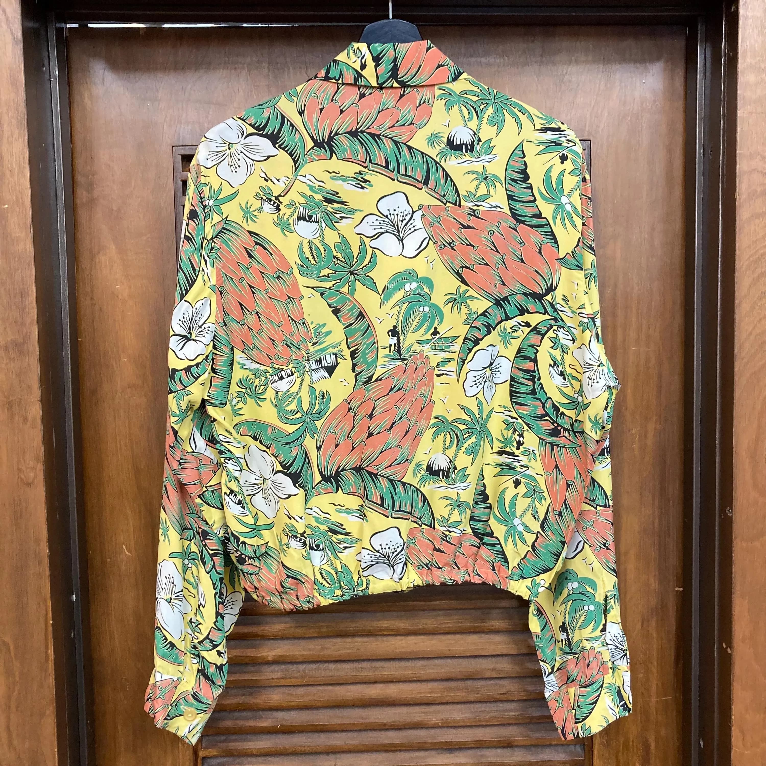 Vintage 1940’s “Driftwood” Banana Atomic Long Sleeve Silky Rayon Tiki Hawaiian Shirt, Shirt-Jac Style, Elastic Waist, 40’s Vintage Clothing - image 5
