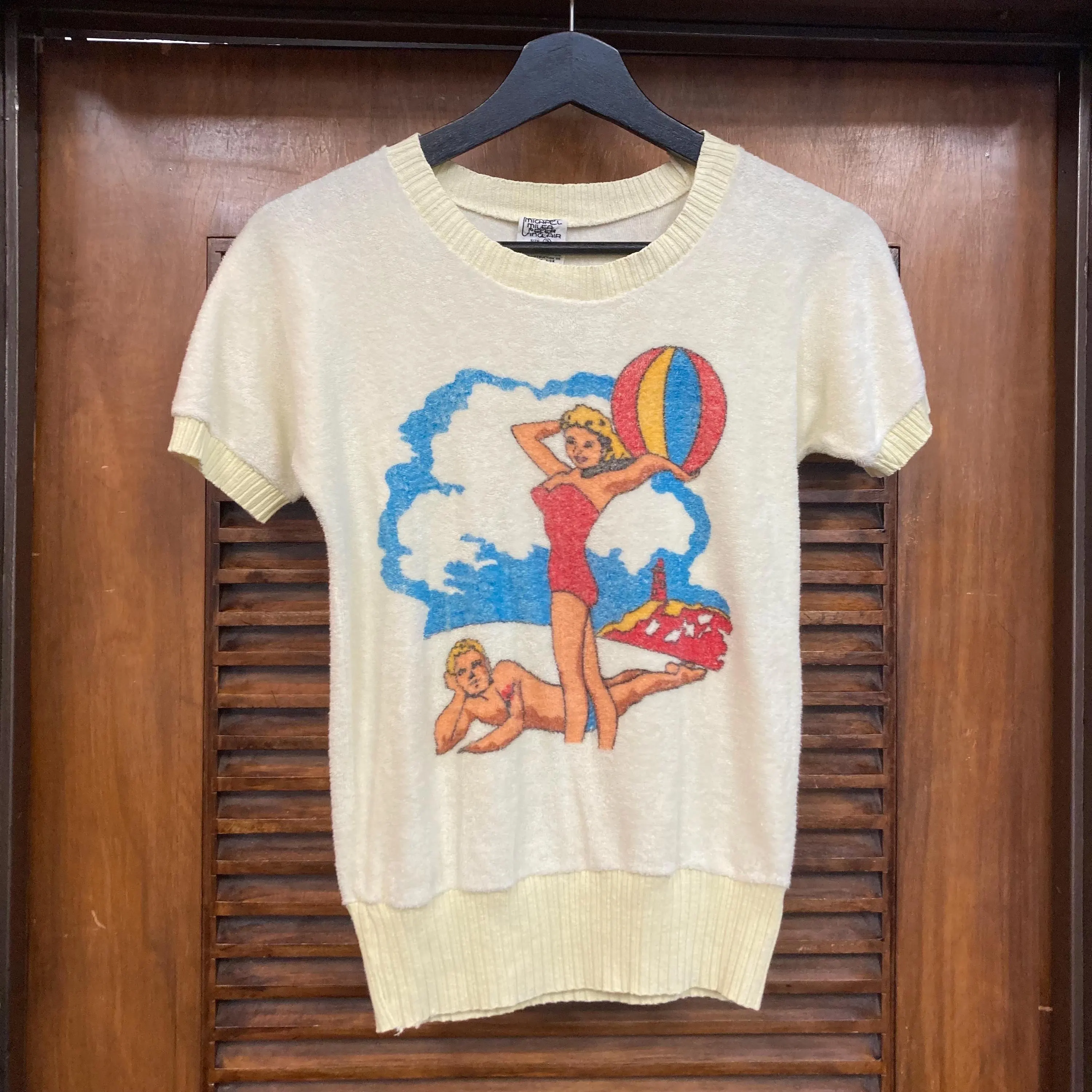 Vintage 1960’s 1950’s Style Pin Up Cartoon Terrycloth Picture Knit Rockabilly Shirt, 1960’s Shirt - image 3