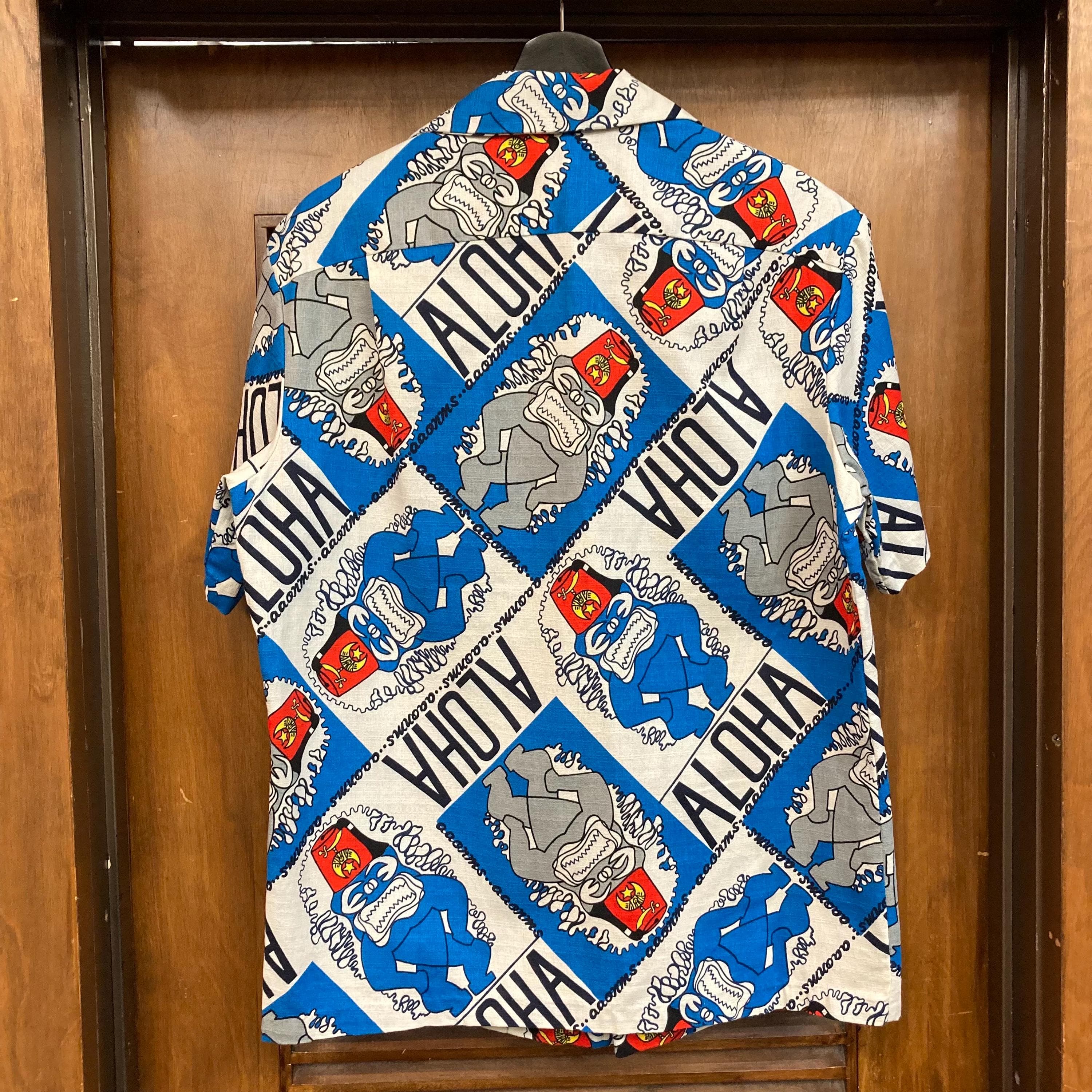 Vintage 1960’s Shriner Tiki Pop Art Cartoon Barkcloth Cotton Hawaiian Shirt, Matching Pocket, 60’s Vintage Clothing - image 5