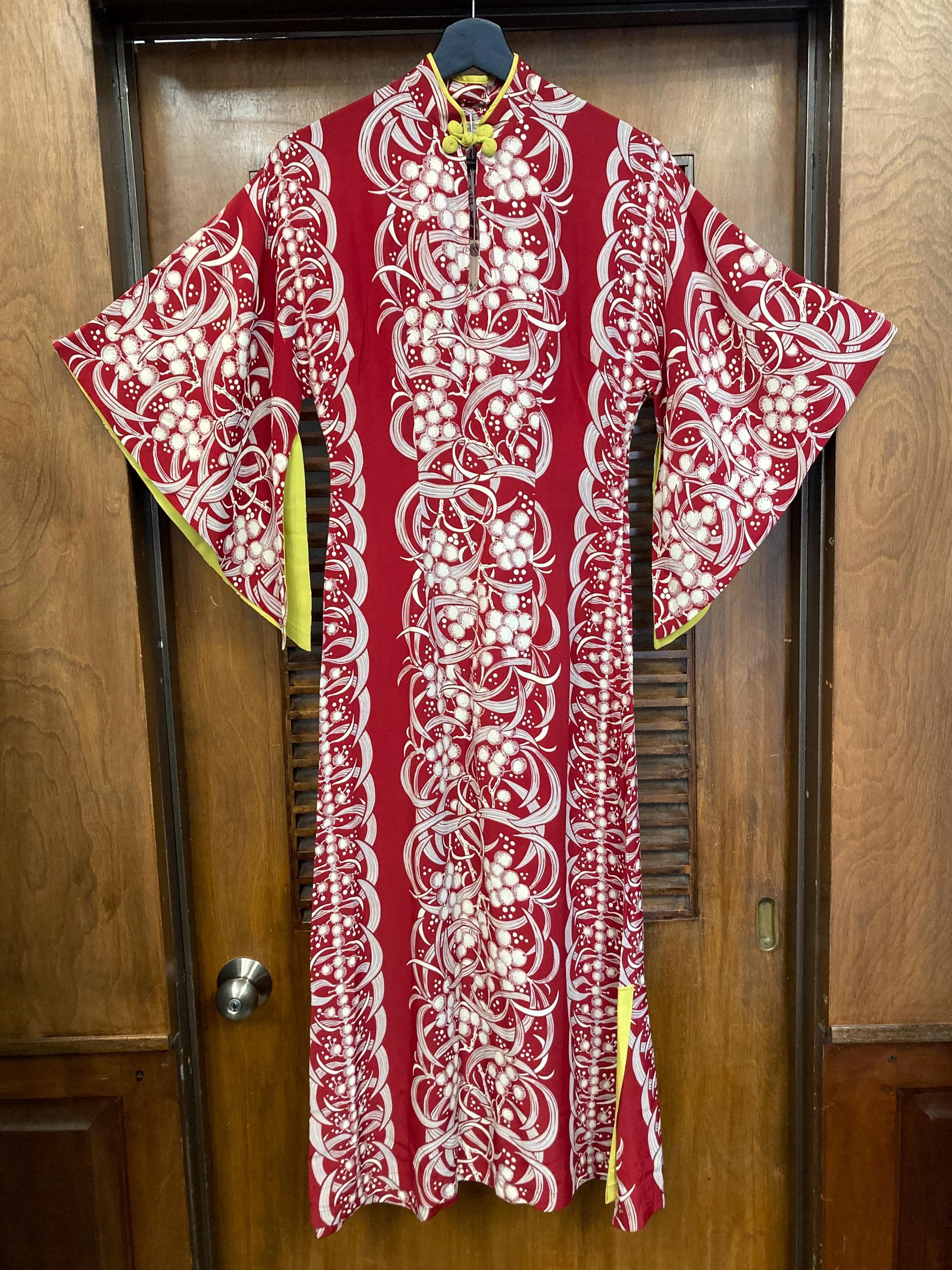 Vintage 1940’s Malihini Atomic Tropical Silky Rayon Tiki Pake Muu Batwing Sleeve Hawaiian Dress, Pake Muu, 1940’s Hawaiian Dress, Rayon, - image 3