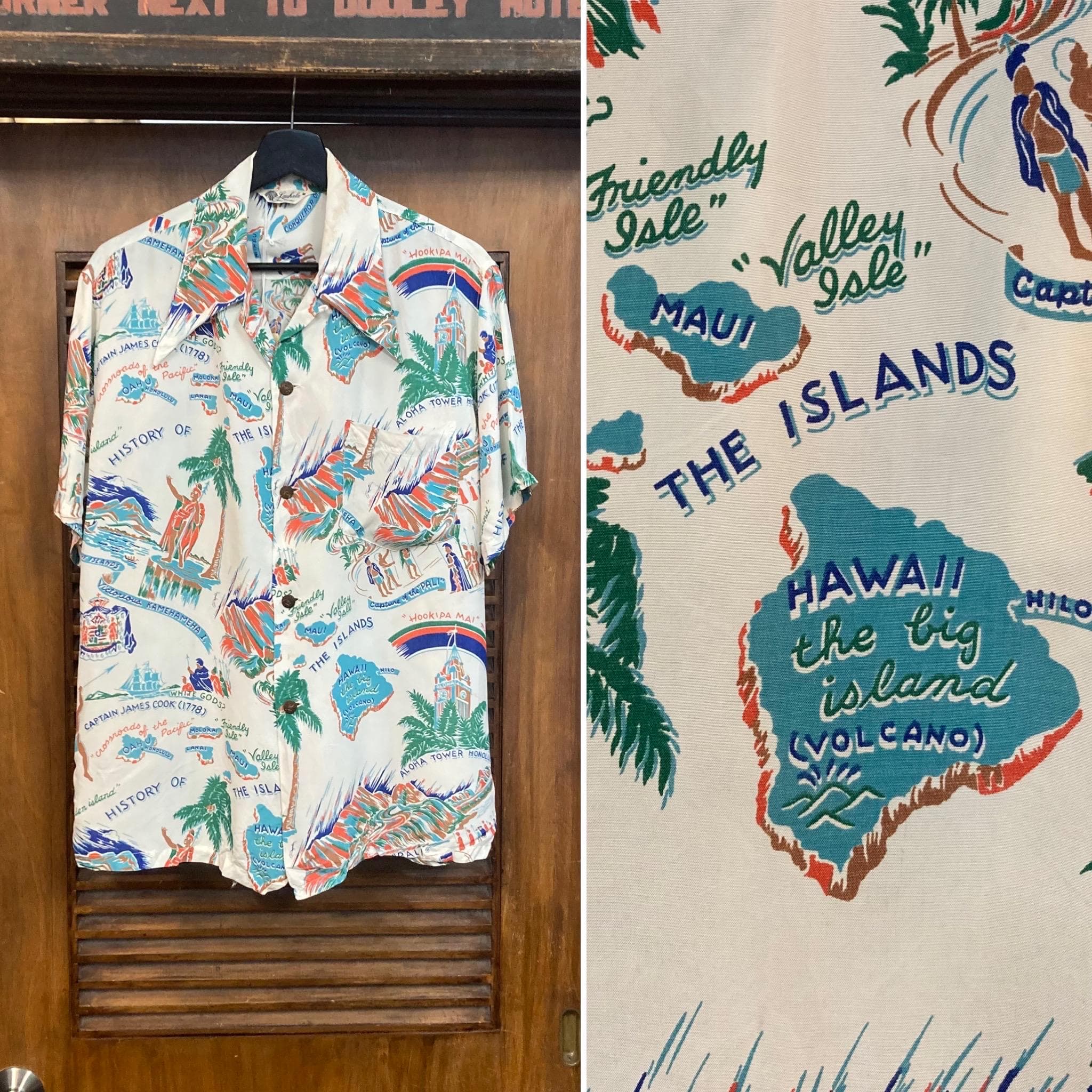 Vintage 1940’s Captain Cook Tropical Cartoon Silky Rayon Hawaiian Shirt, 1940’s Shirt, 1950’s Shirt