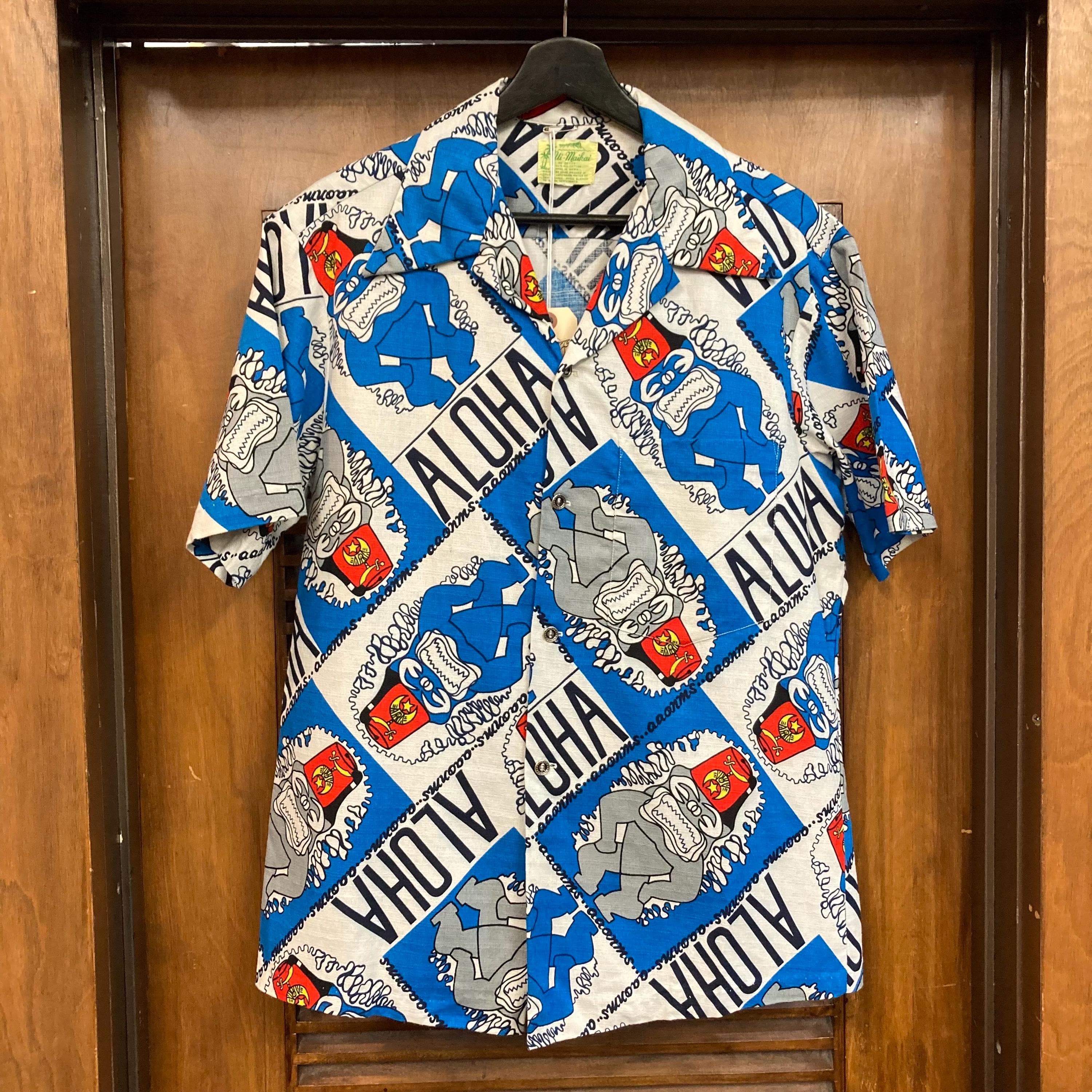 Vintage 1960’s Shriner Tiki Pop Art Cartoon Barkcloth Cotton Hawaiian Shirt, Matching Pocket, 60’s Vintage Clothing - image 4