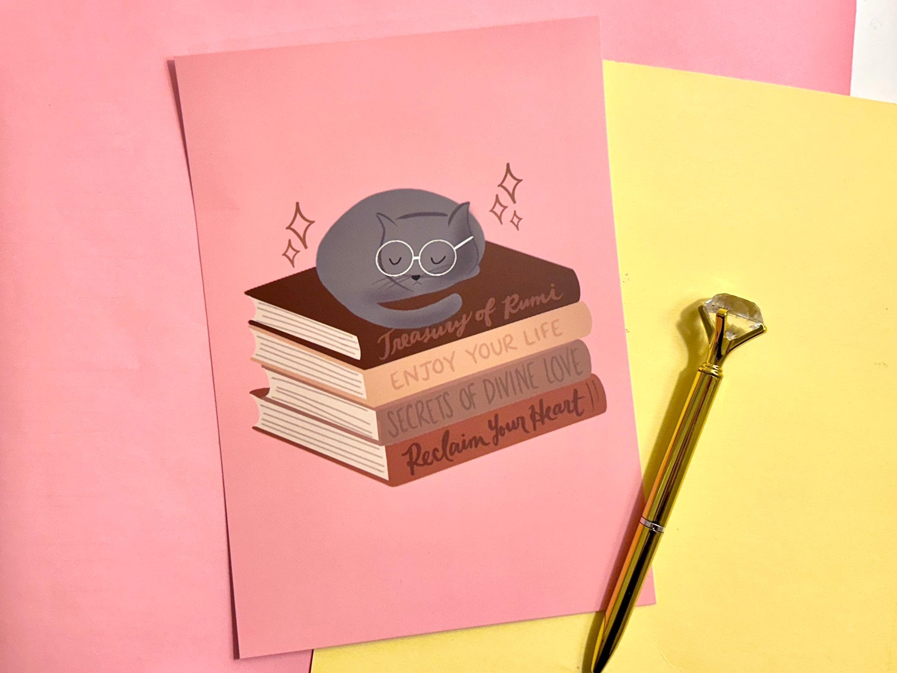 Cat on Books Matte Art Print | 6x9 Illustration
