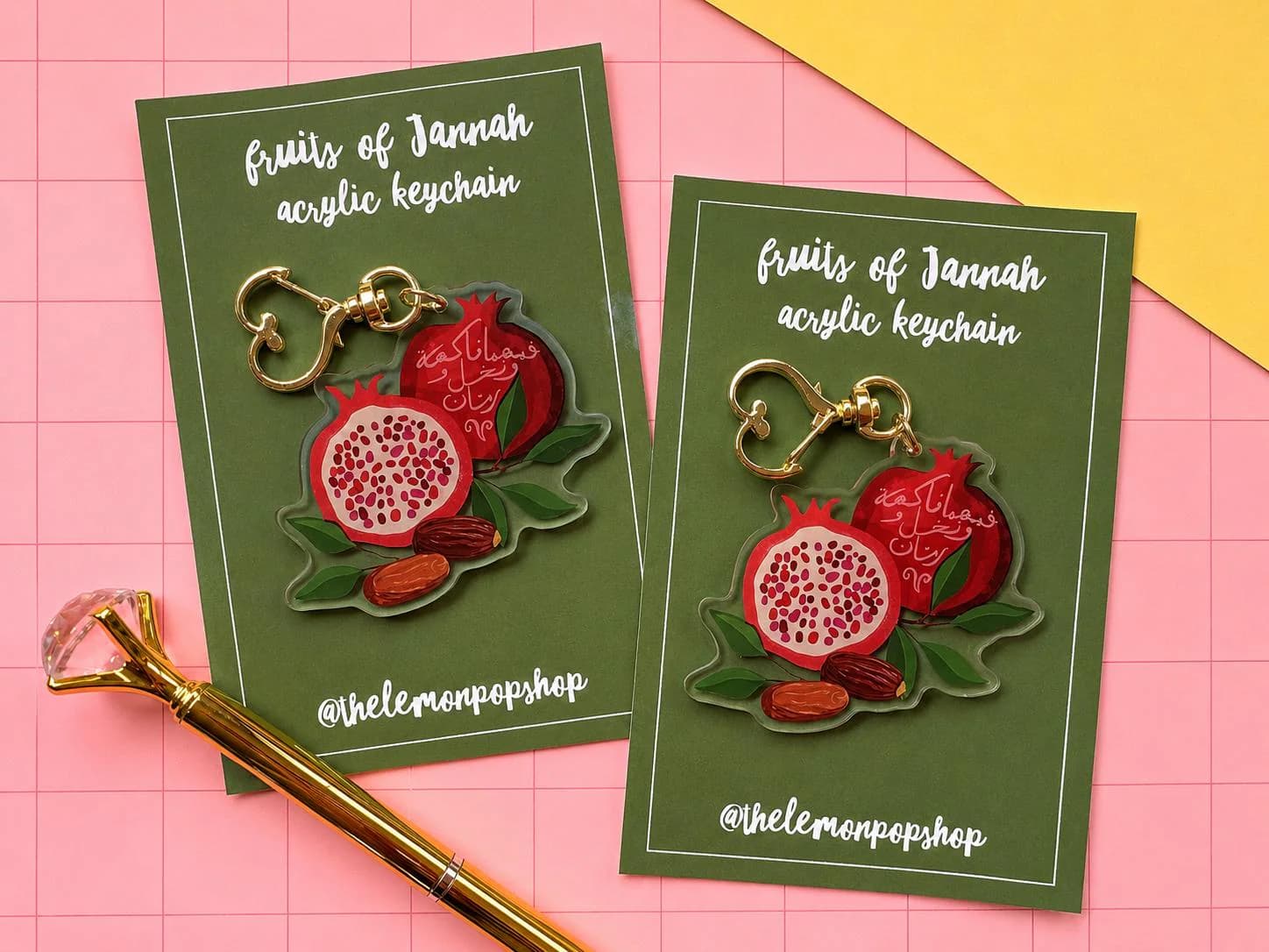 Pomegranate Acrylic Keychain | Quran Art | Islamic Art, Gold Heart Clasp