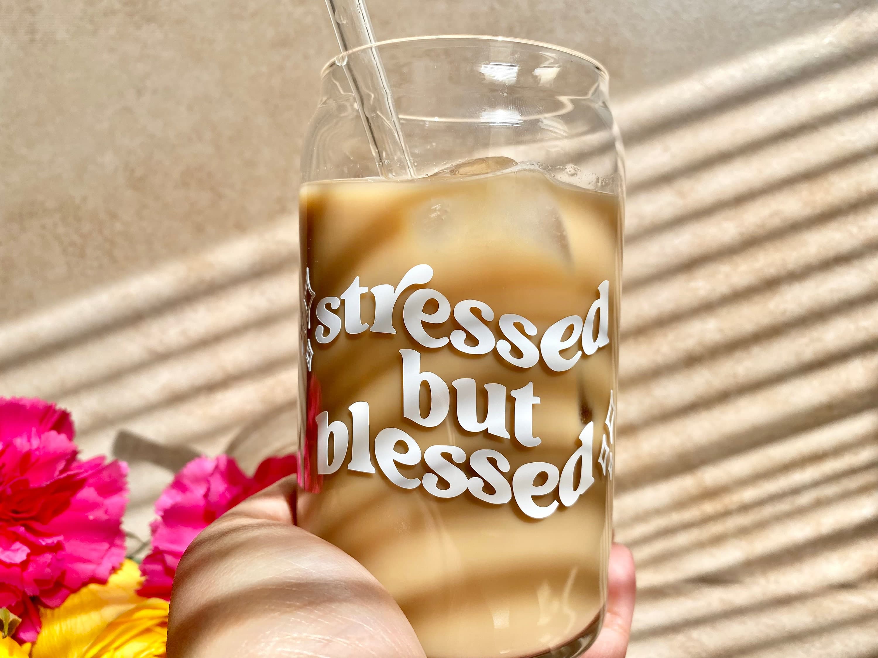 Stressed But Blessed Glass Can | Iced Coffee Cup with Bamboo Lid - image 4