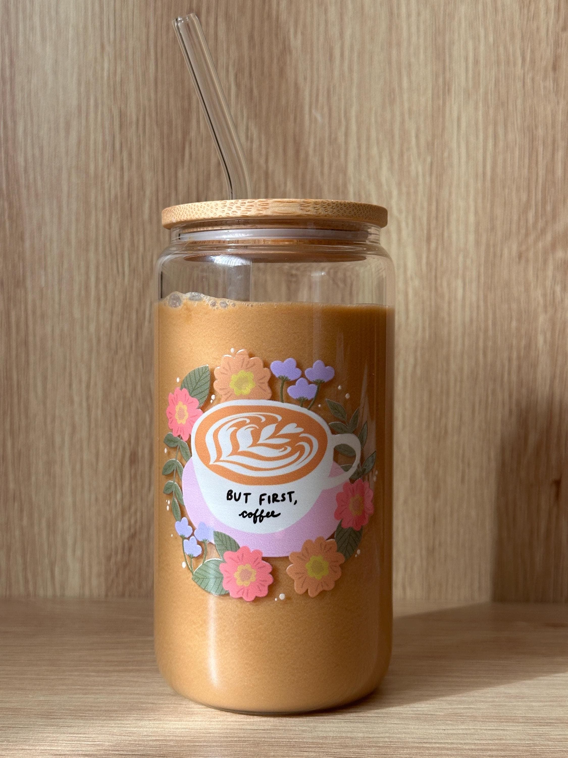 Floral Coffee Lovers Glass Can | Iced Coffee Cup, Lid & Straw Included | Teacher Gift