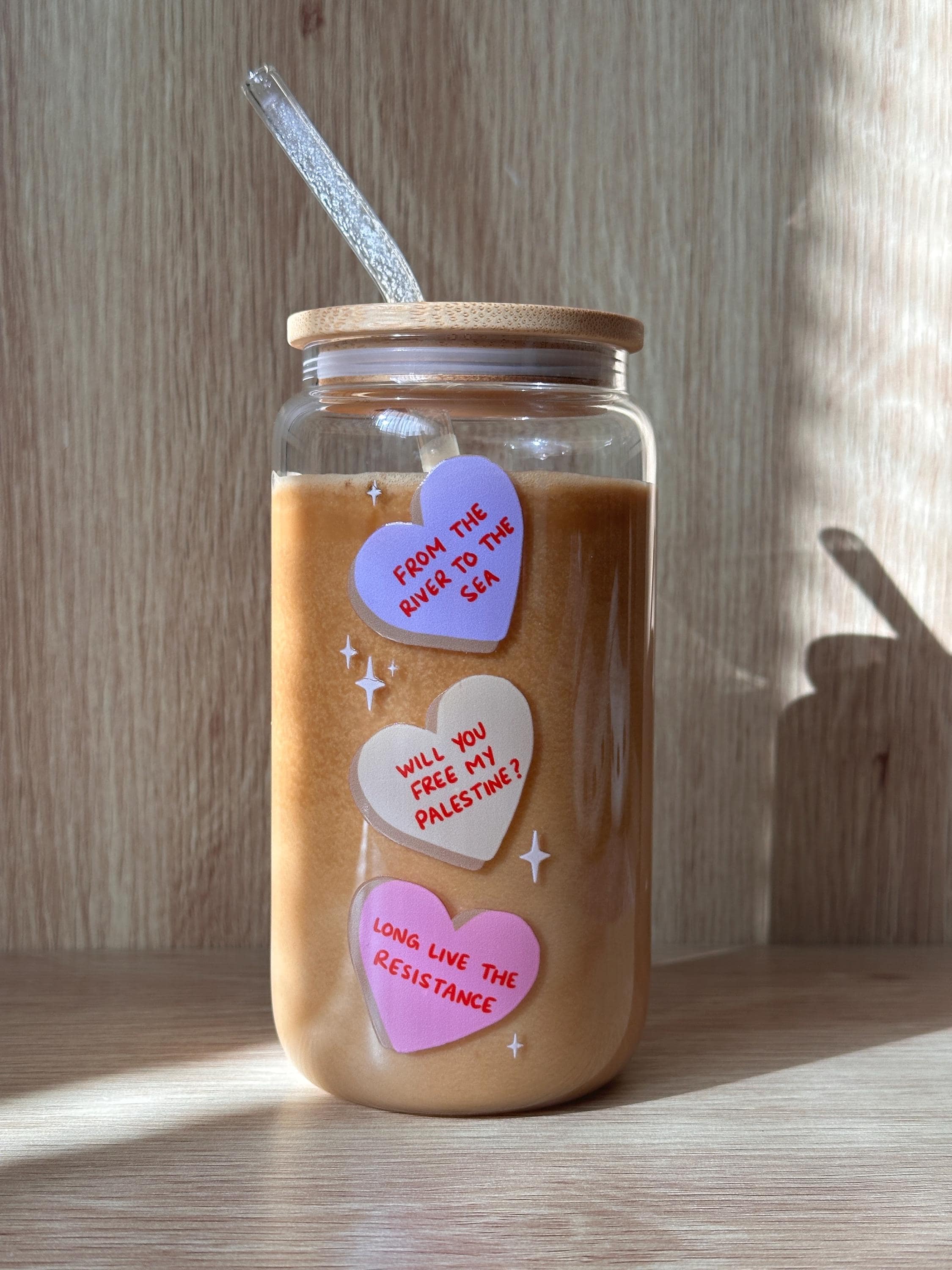 Palestine Candy Hearts Glass Can | Iced Coffee Cup, Lid & Straw Included