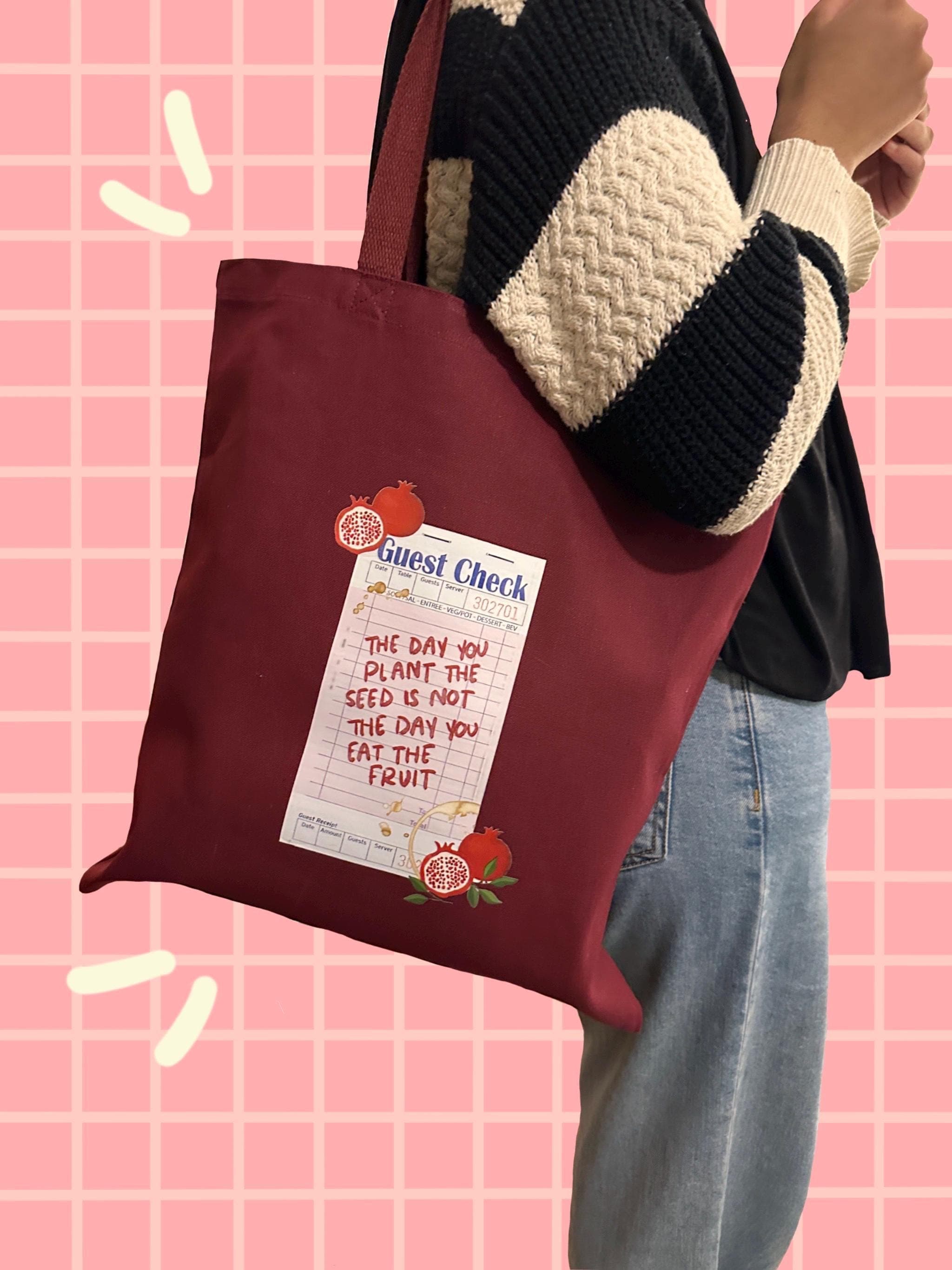 Cotton Canvas Tote Bag | Guest Check Pomegranate Print, Motivational Quote
