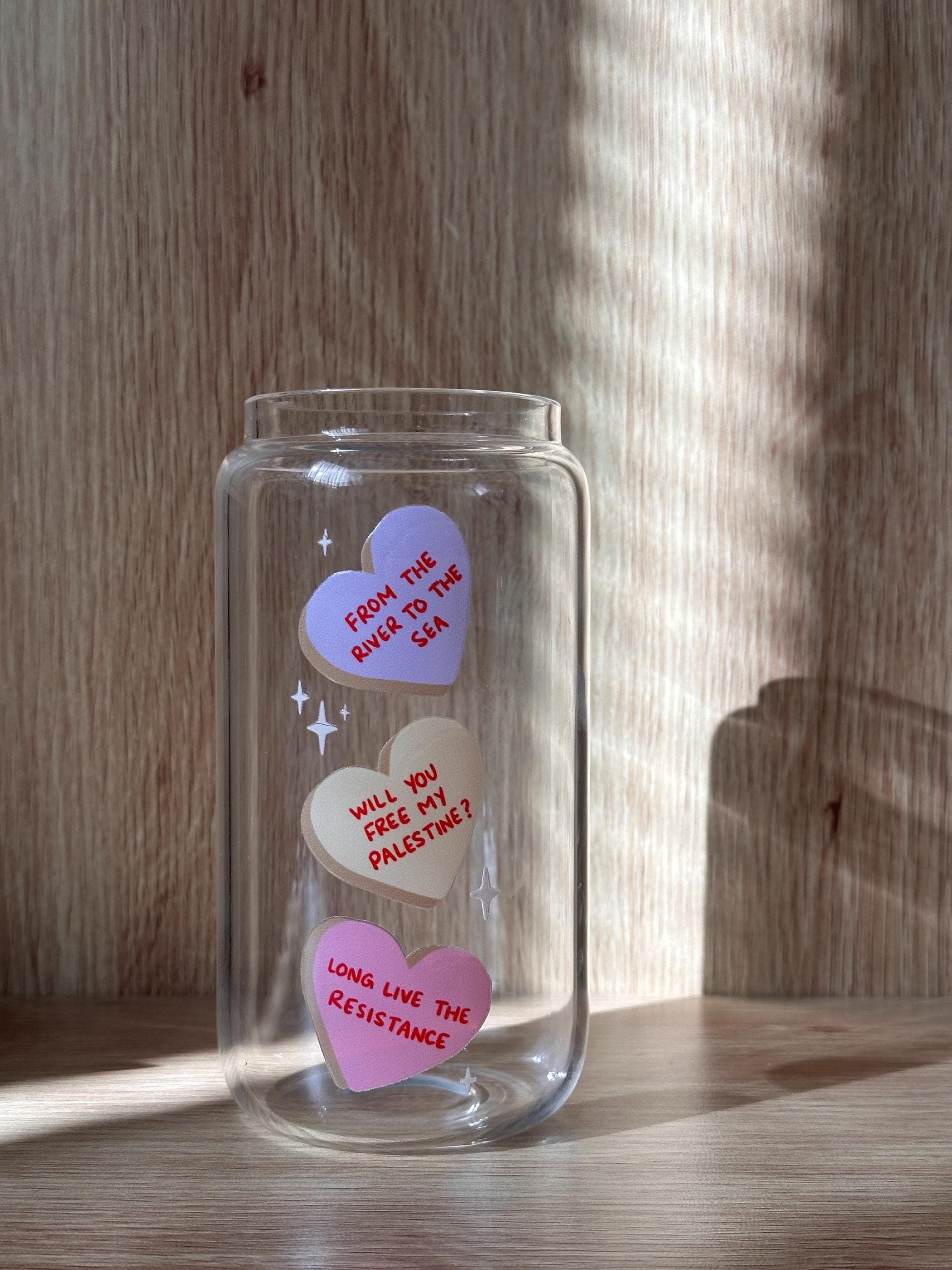 Palestine Candy Hearts Glass Can | Iced Coffee Cup, Lid & Straw Included - image 3
