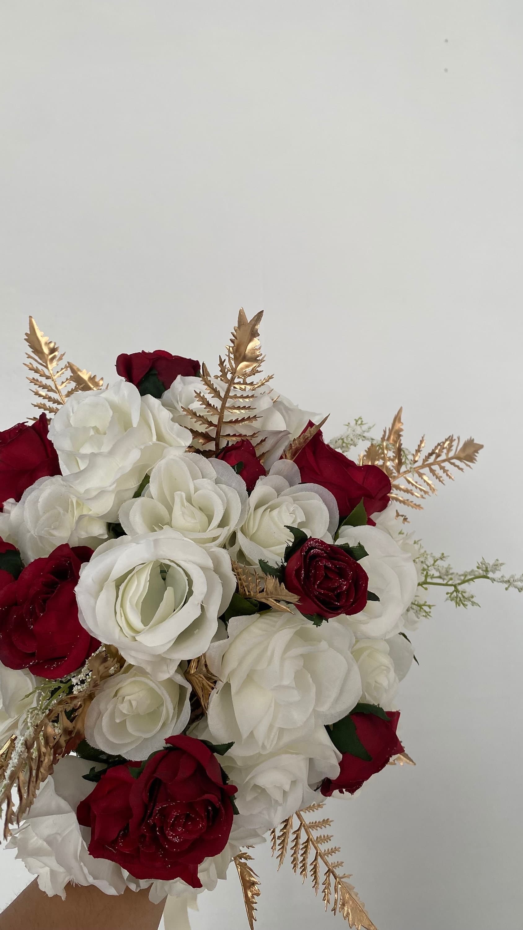 Red, White & Gold Silk Rose Bridal Bouquet, Desi Wedding