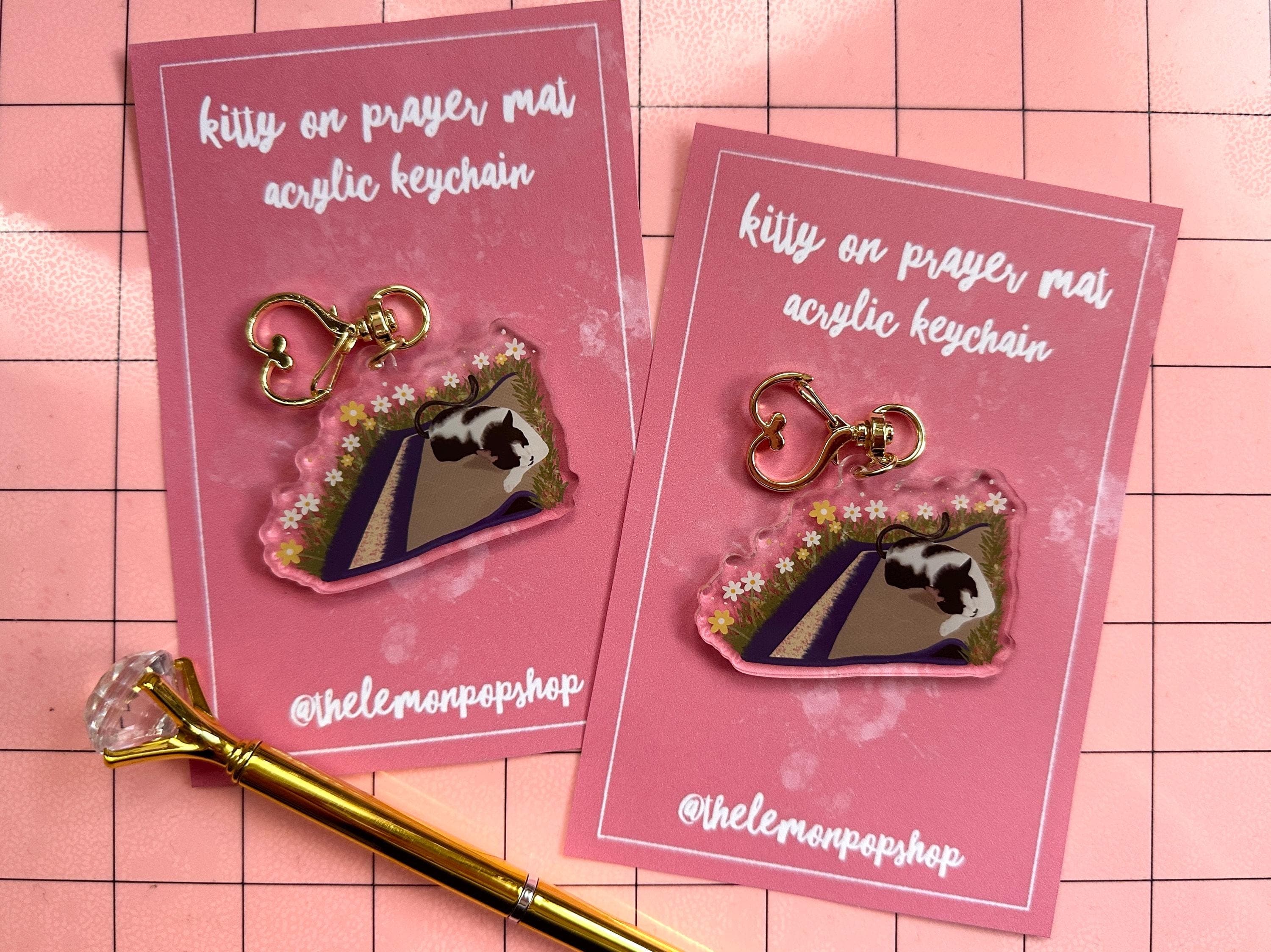 Kitty On A Prayer Mat Acrylic Keychain | Gold Clasp Keyring | Cat Lovers
