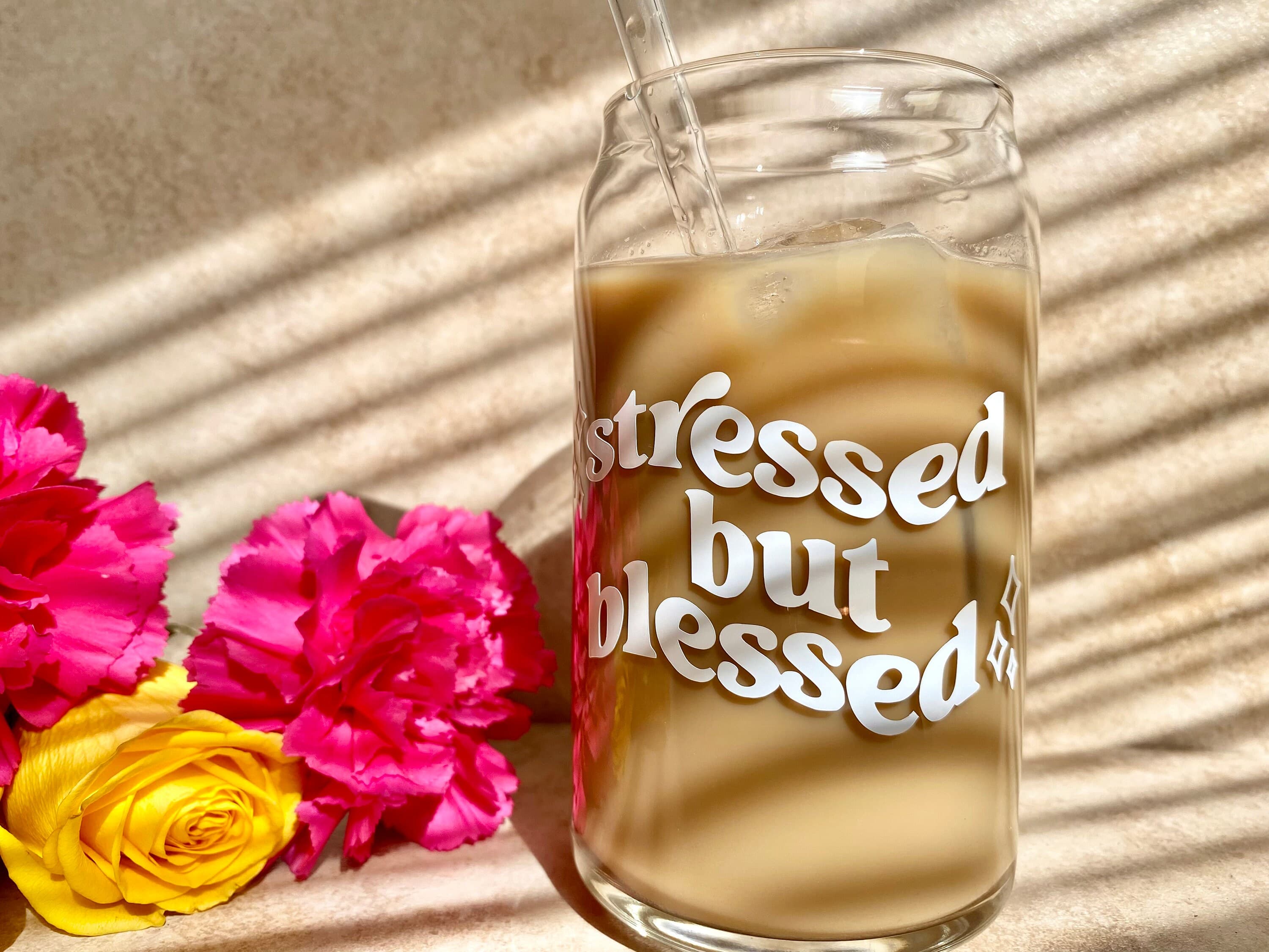 Stressed But Blessed Glass Can | Iced Coffee Cup with Bamboo Lid - image 3