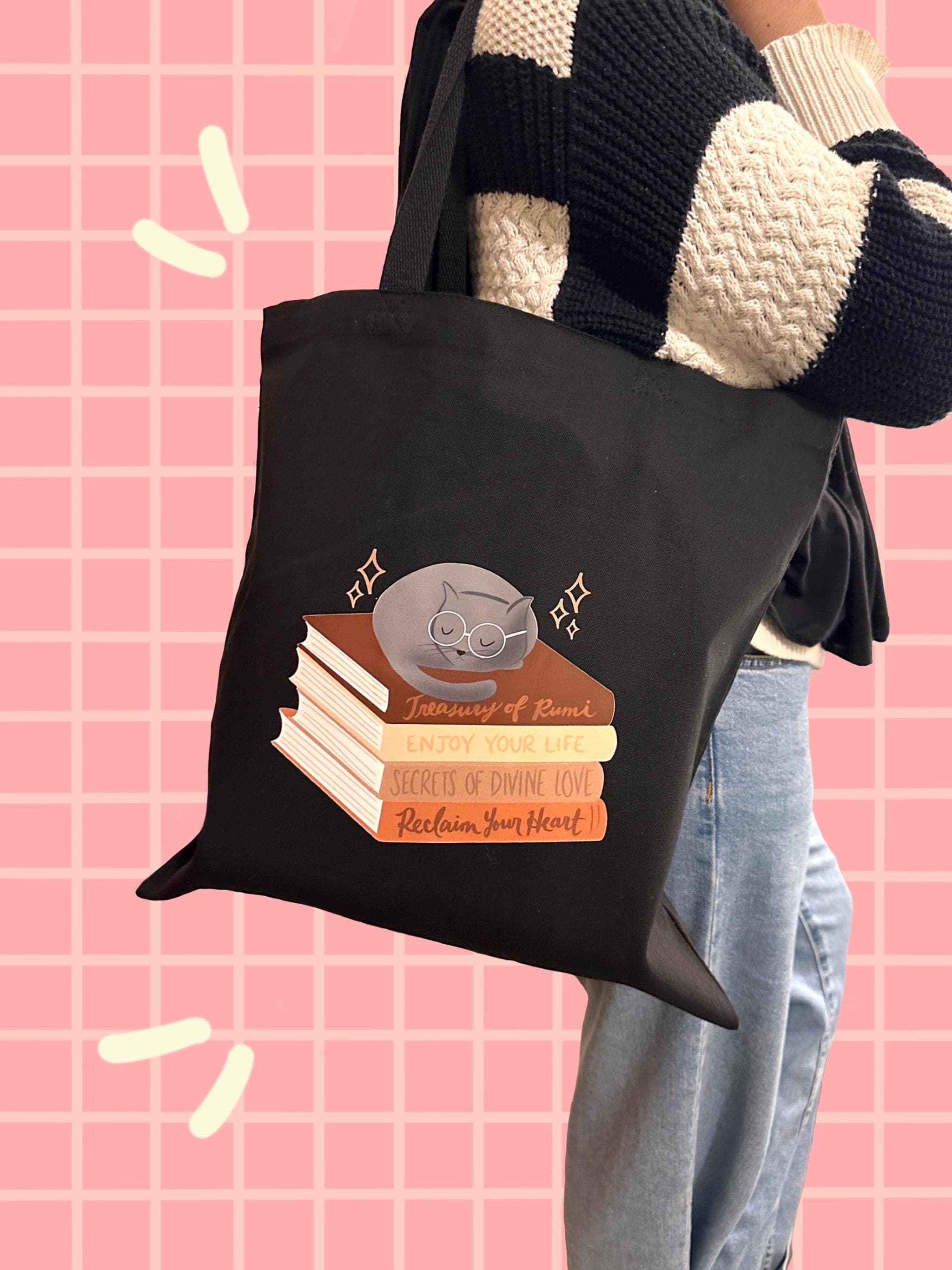 Cat and Books Cotton Canvas Tote Bag | Dark Academia