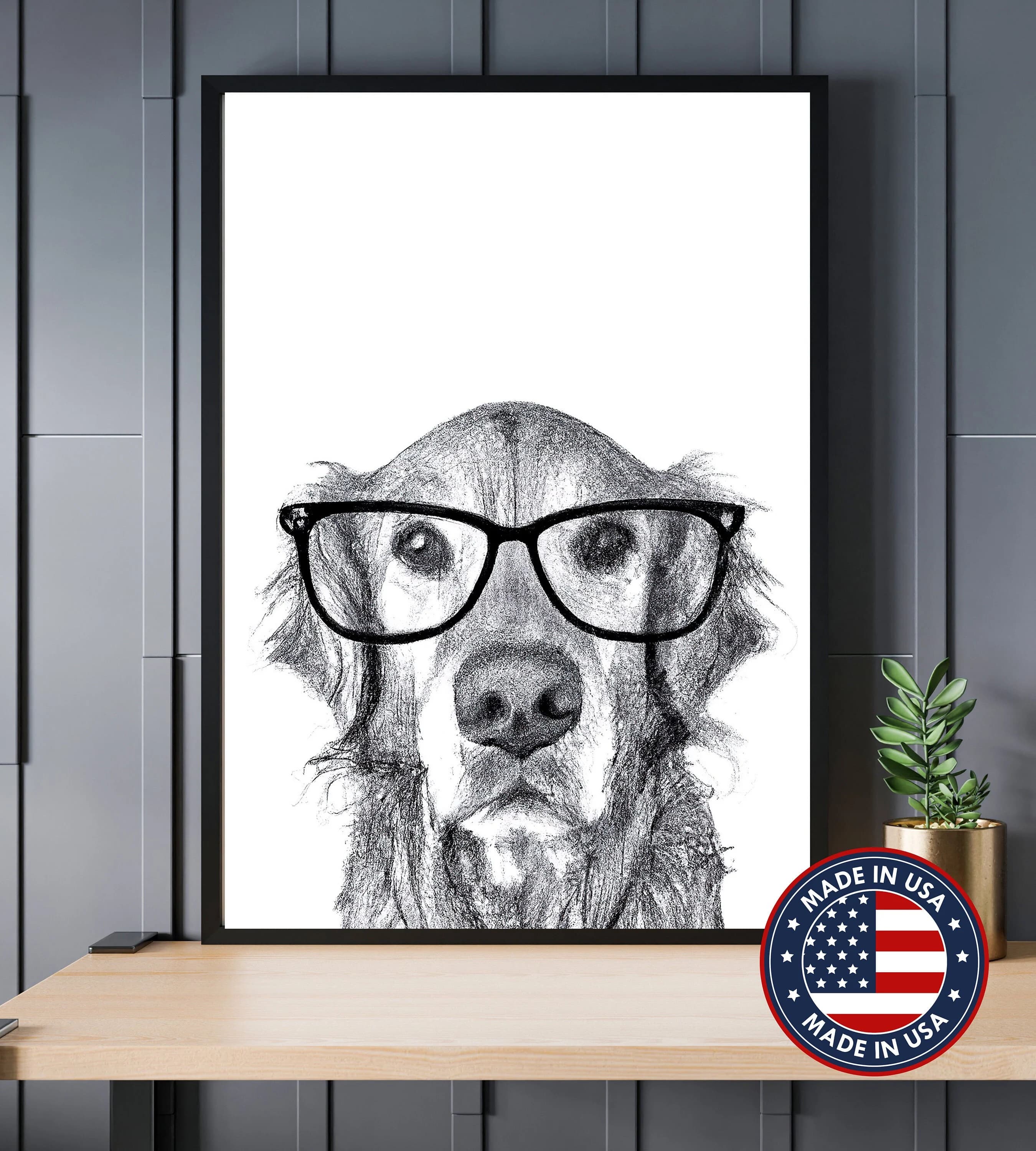 Golden Retriever With Glasses Print, Dog Art Print, Animal With Glasses Poster, Unframed Wall Decor