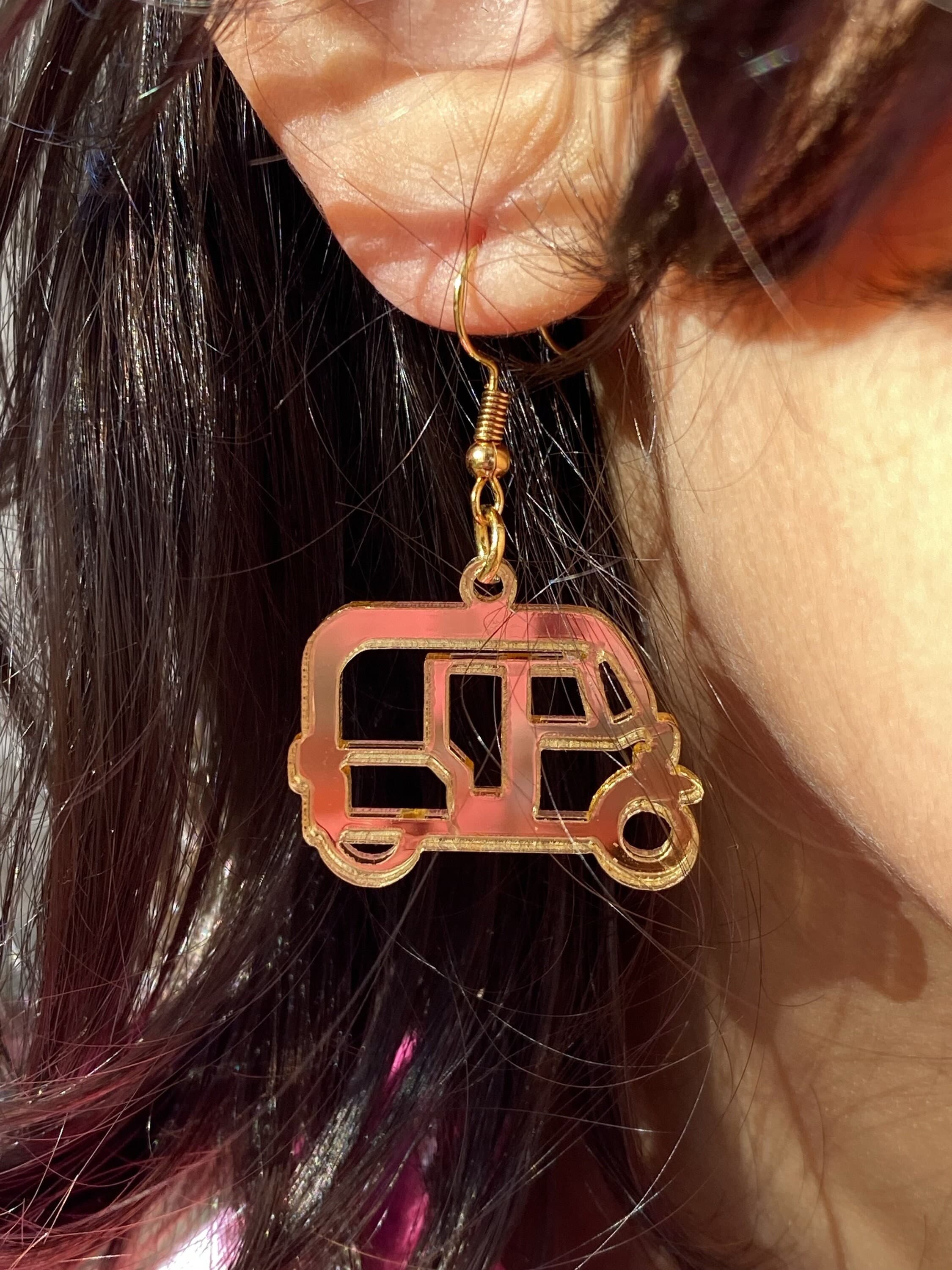 Auto Rickshaw Earrings, Gold mirror acrylic earrings, Pakistani Indian earrings