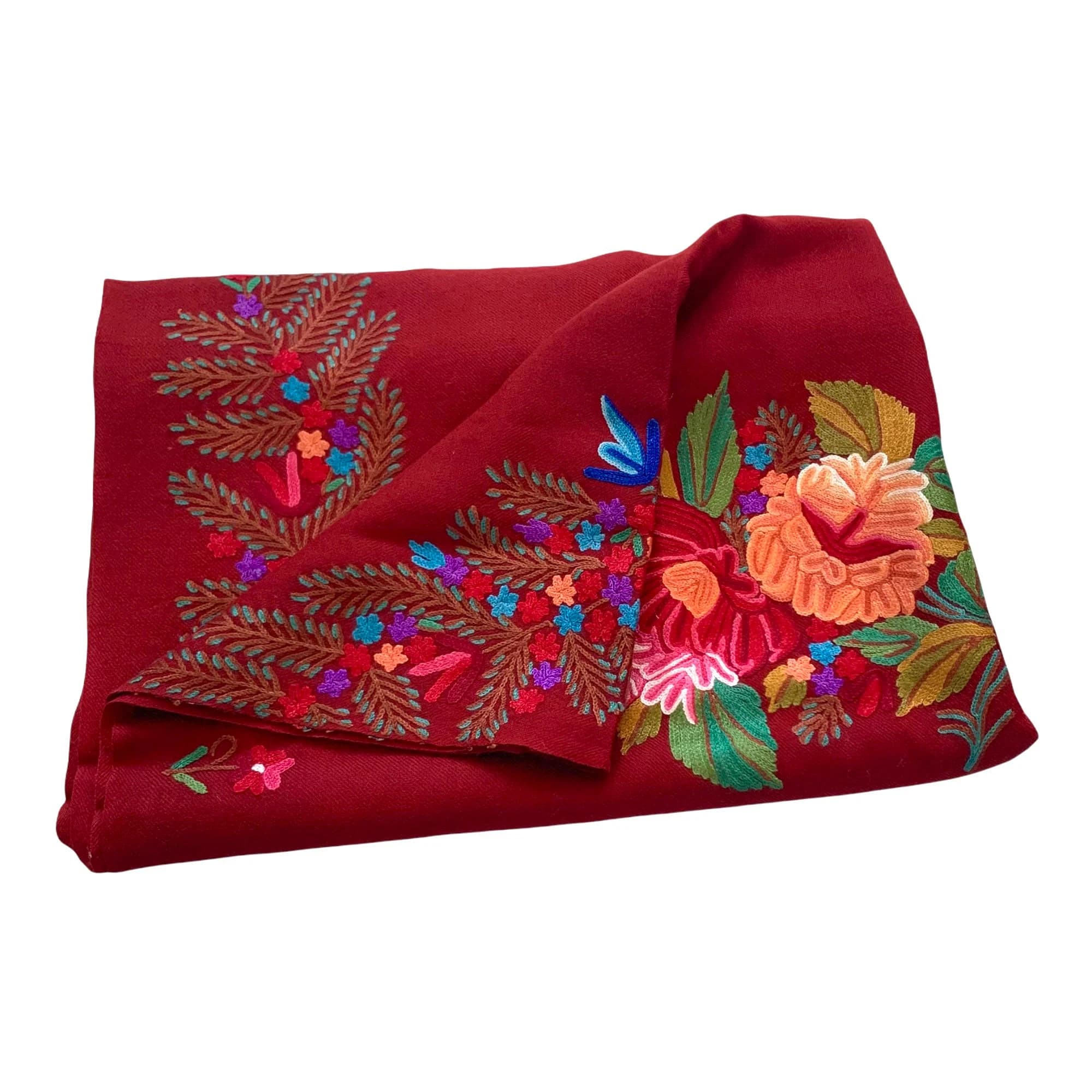 Burgundy Hand Embroidered Floral Scarf Shawl Wrap Stole 28x80 Inches