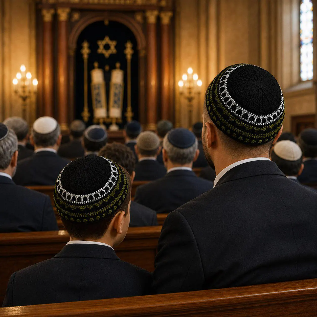 Father and son matching kippahs | Black base Bukharian crochet yarmulkes | Handmade Jewish head covering set | Bar Mitzvah gift