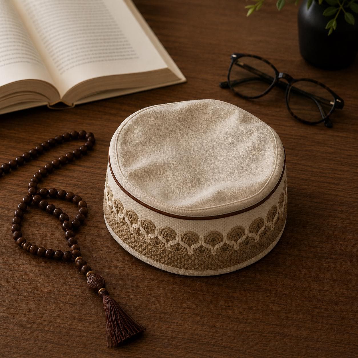 Flatlay photo of a beige Islamic prayer hat with gold embroidery placed on a rustic wooden table alongside misbaha prayer beads, an open book, and eyeglasses.