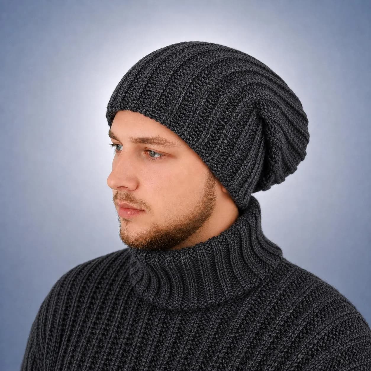 Charcoal oversized alpaca wool beanie for men with chunky knit texture styled with a black winter sweater