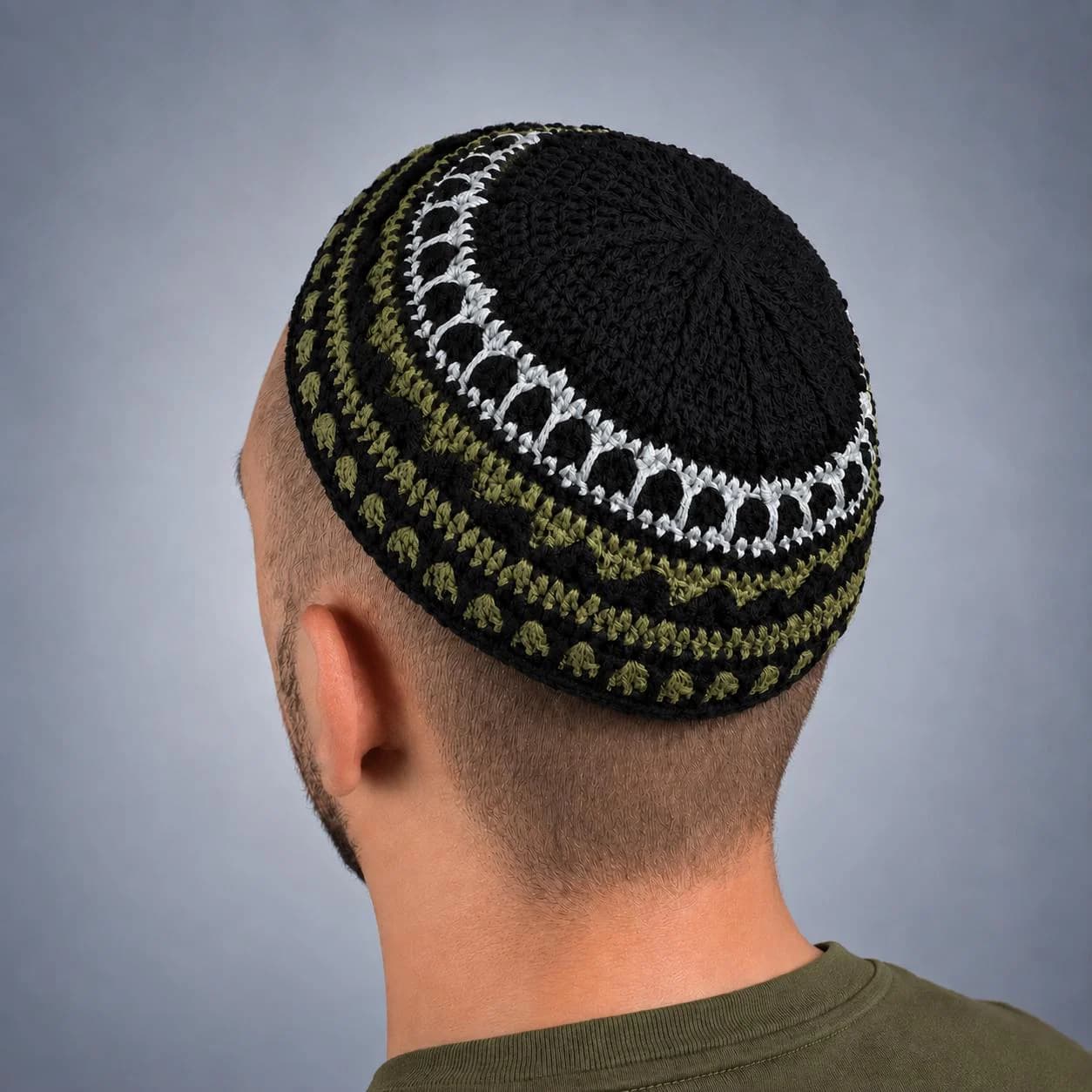 Handmade Bukharian kippah | XL textured crochet yarmulke | Black and olive Jewish kippot | Jewish head covering | Gift for men and boys