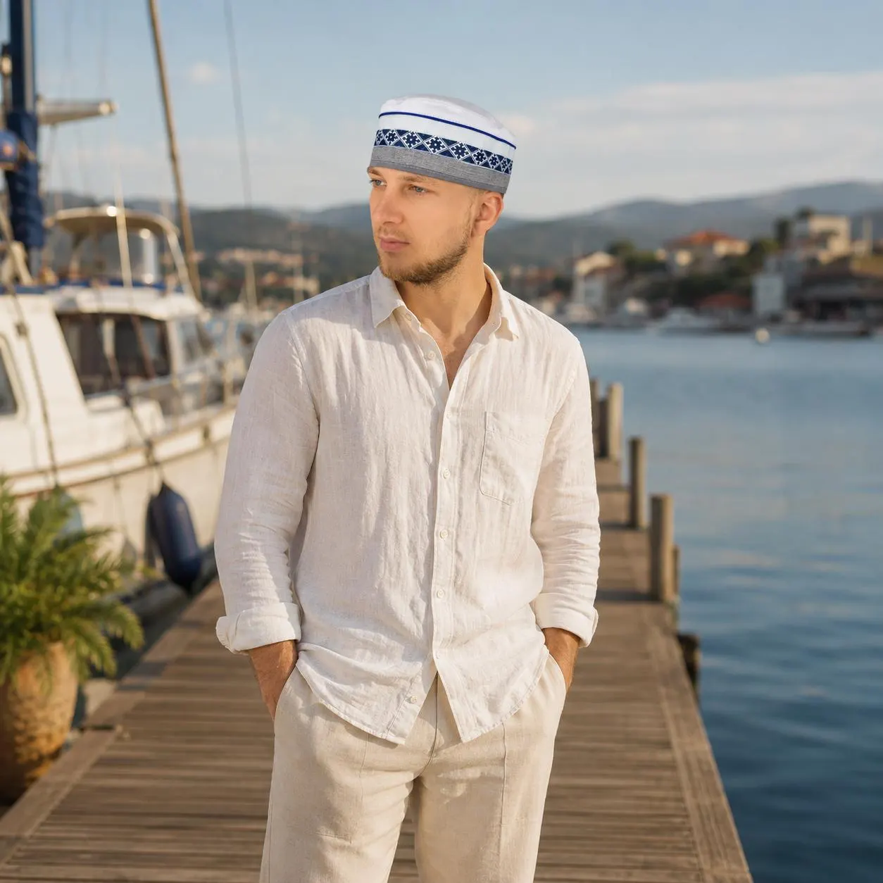 A man in a relaxed white linen shirt and a blue-striped summer kufi hat, standing on a pier with boats in the background.