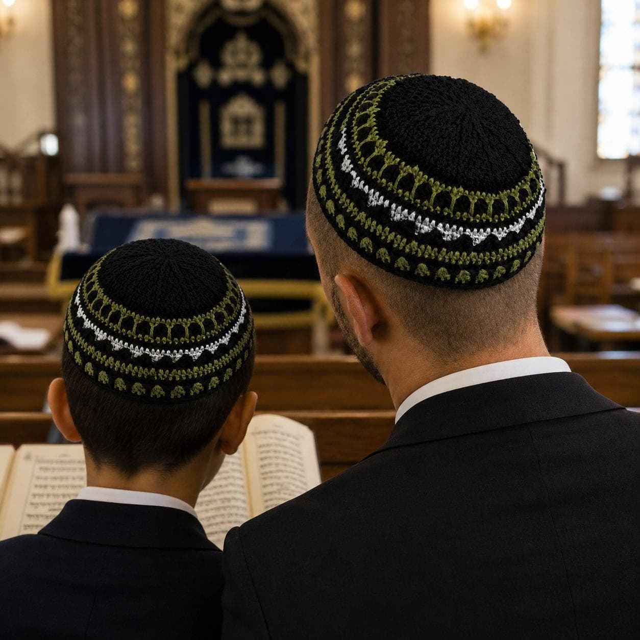 Father and son wearing matching black and olive handmade Bukharian kippahs in a synagogue