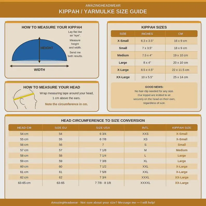 Image showing a woman's head being measured with a yellow measuring tape, alongside a size chart. The chart provides head circumference in centimeters, corresponding EU, USA, and international hat sizes.