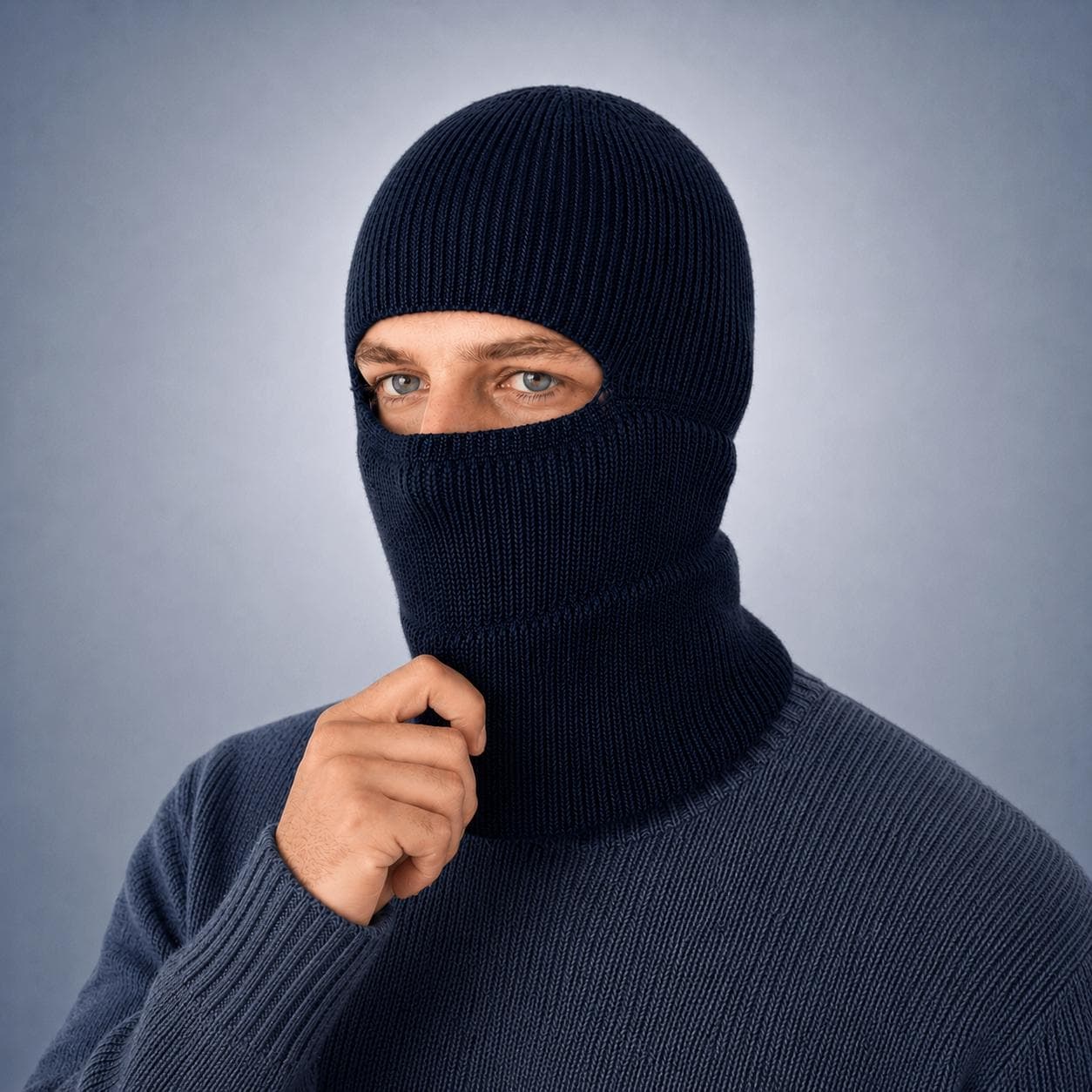 Dark blue knitted mens balaclava shown as a color option