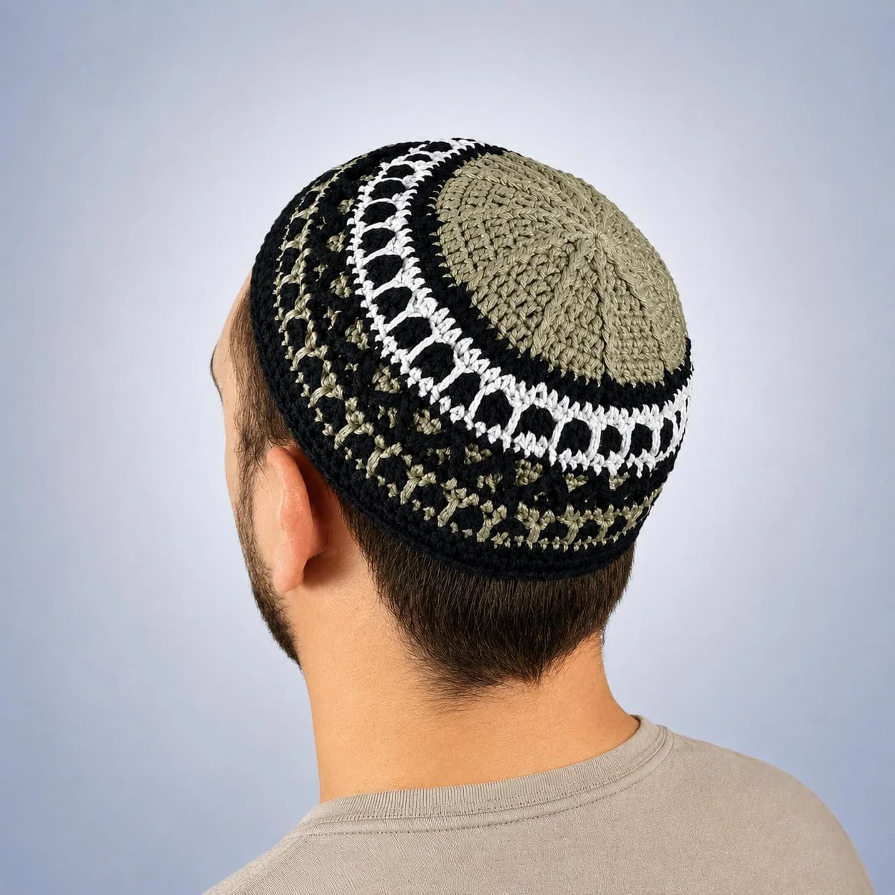 Handmade kippah | Crochet cotton yarmulke | Large beige kippot with black acceтts| Gift for jewish men