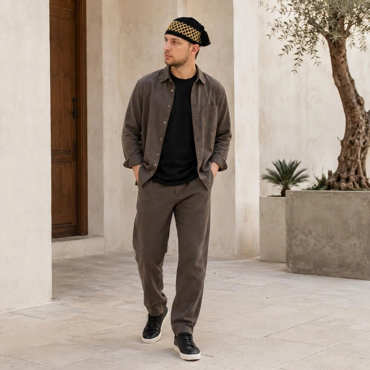 Candid outdoor photo of a man in trendy brown streetwear wearing a black crocheted Islamic cap with elegant gold stitching.