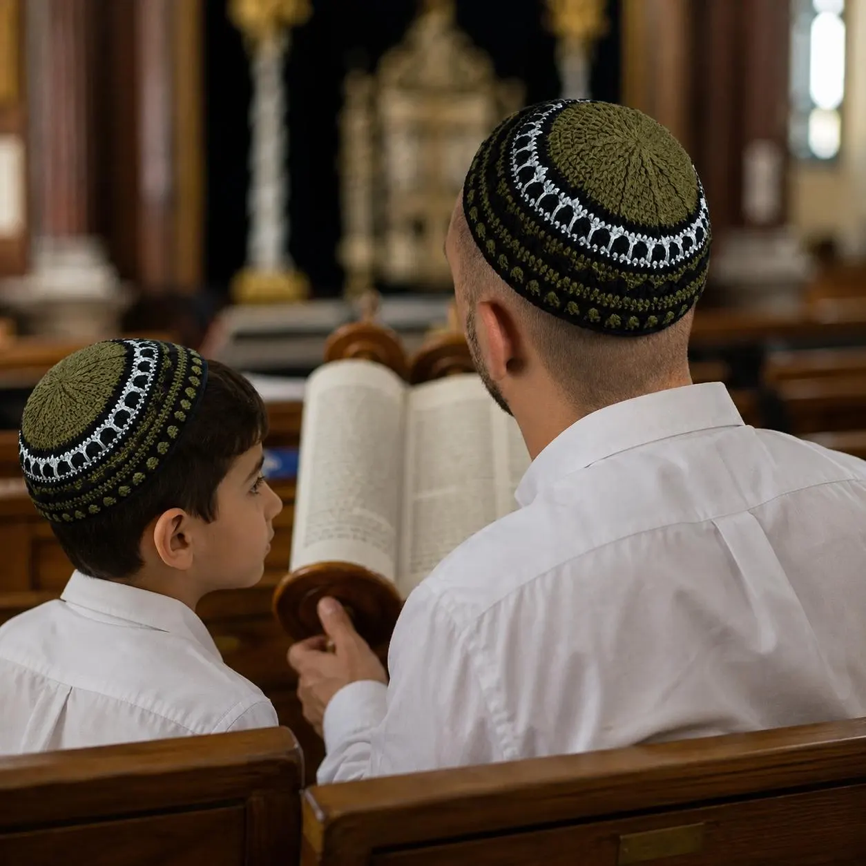 Father son matching kippah set | Olive base Bukharian yarmulkes | Black olive handmade crochet kippahs | Jewish gift for men and boys