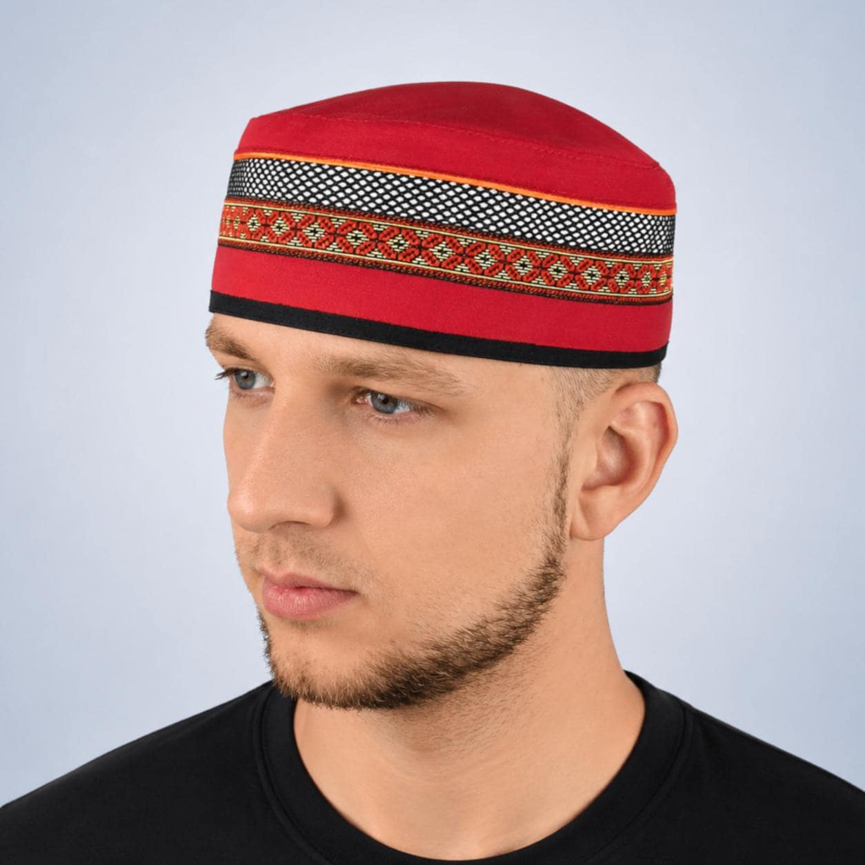 Red kufi linen Adjustable summer Muslim cap embroidered Breathable Omani-style hat Eid, Ramadan gift for men One size M-2XL