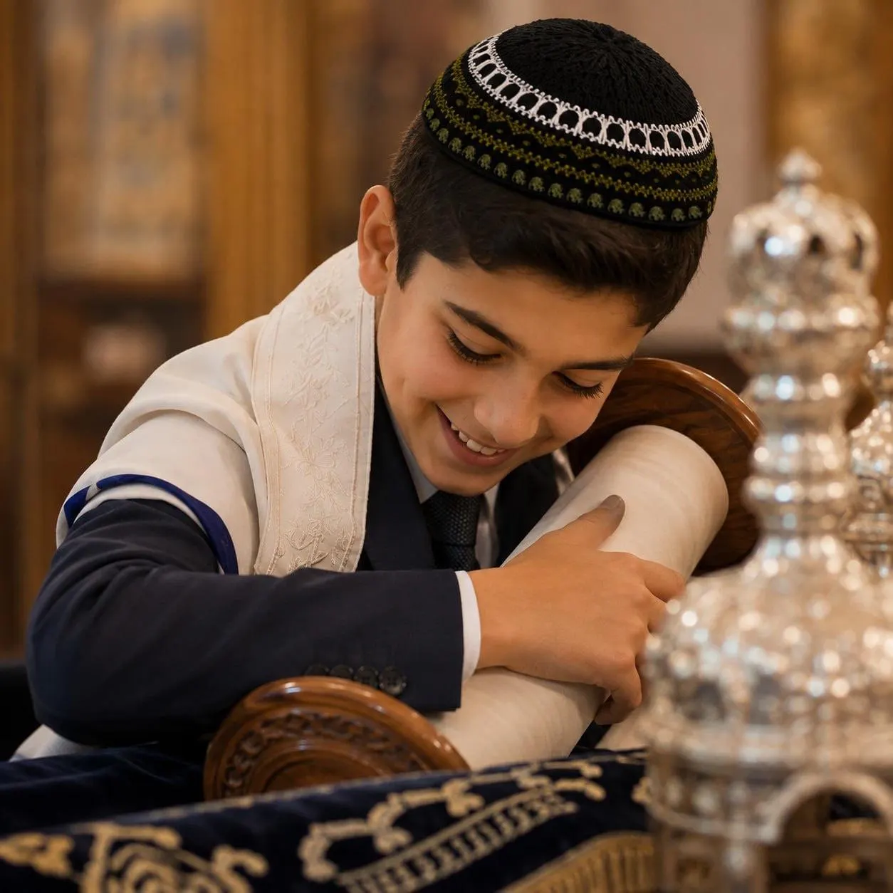 Young boy wearing a black and olive crochet kippah during a Jewish ceremony
